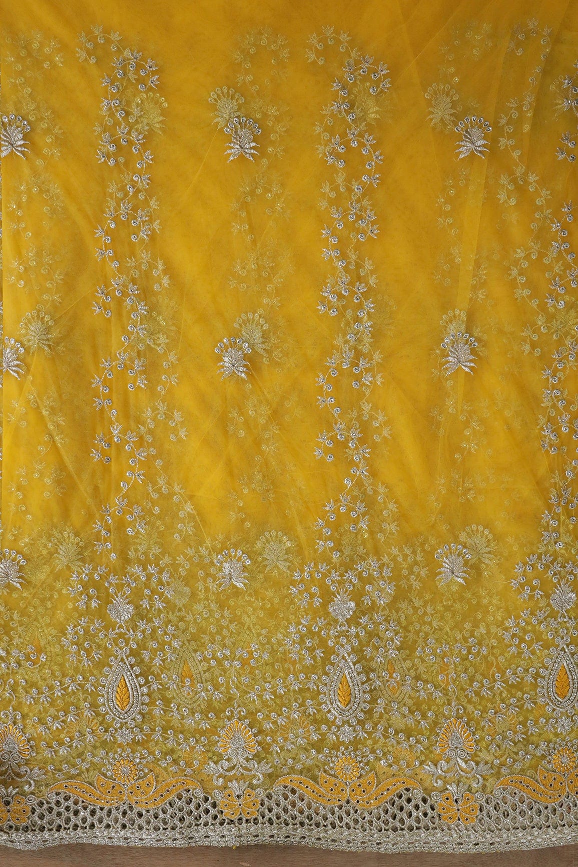 doeraa Embroidery Fabrics Big Width''56'' Yellow Thread With Zari Leafy Embroidery Work On Yellow Soft Net Fabric With Border