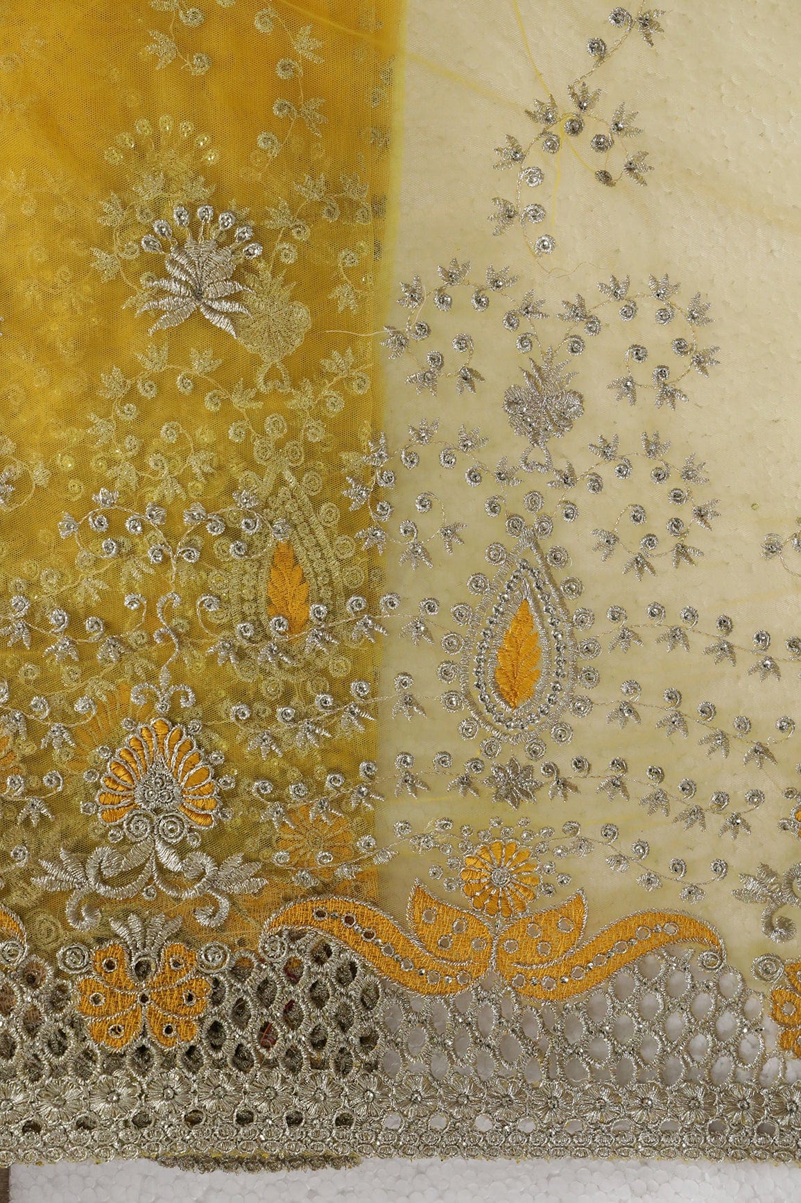doeraa Embroidery Fabrics Big Width''56'' Yellow Thread With Zari Leafy Embroidery Work On Yellow Soft Net Fabric With Border