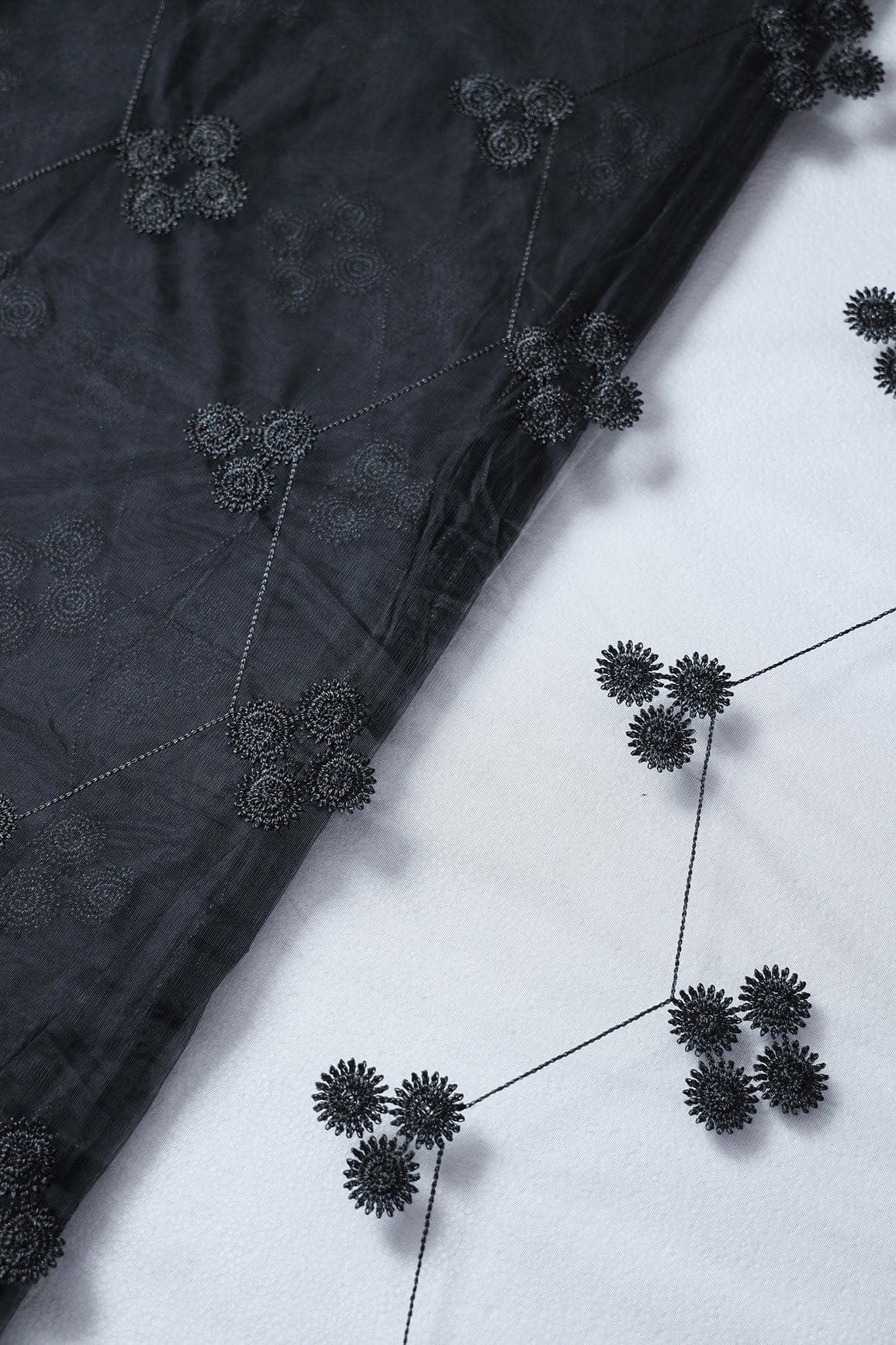 Black Color Thread Geometric Embroidery Work On Black Soft Net Fabric