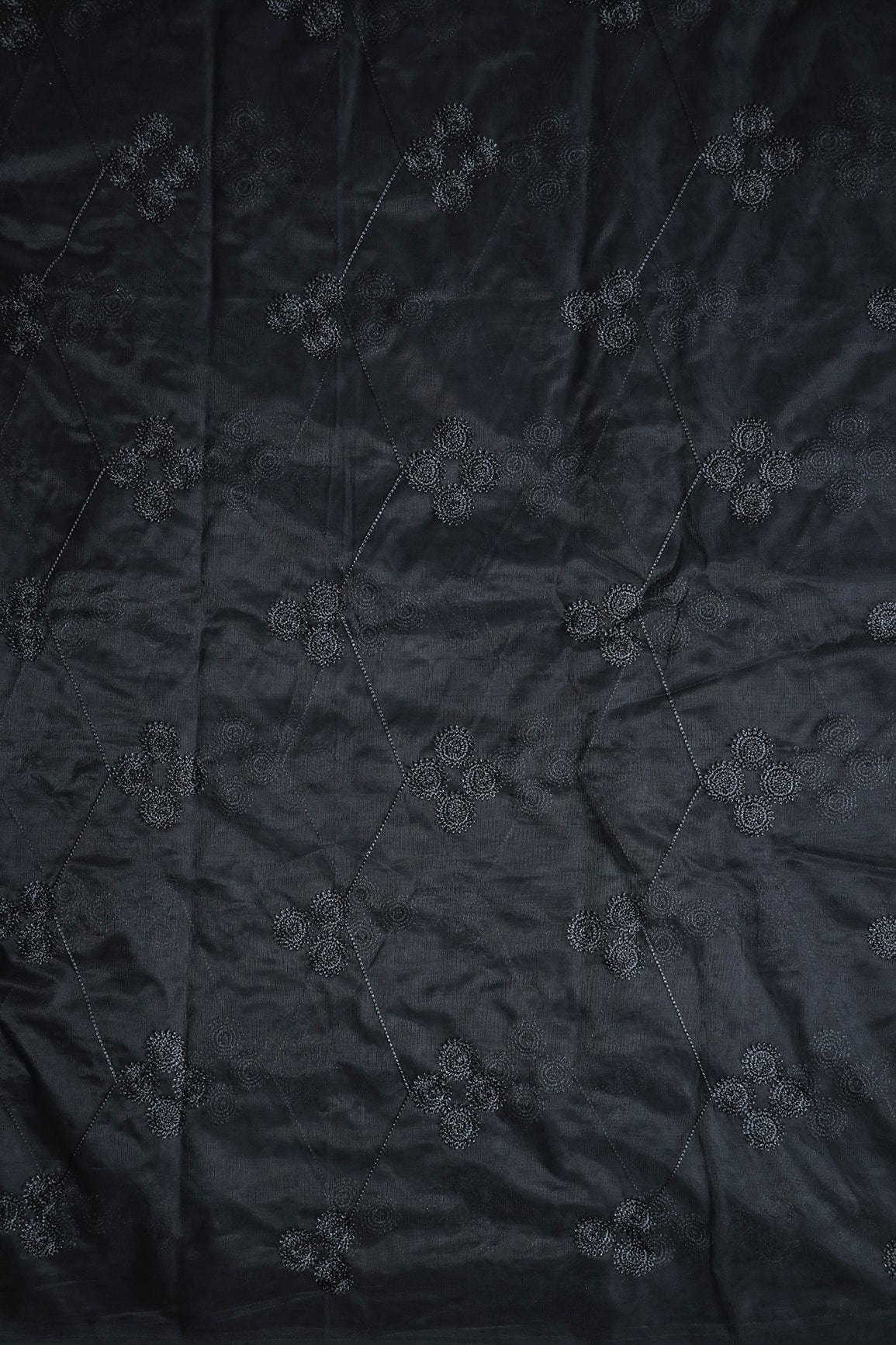 doeraa Embroidery Fabrics Black Color Thread Geometric Embroidery Work On Black Soft Net Fabric