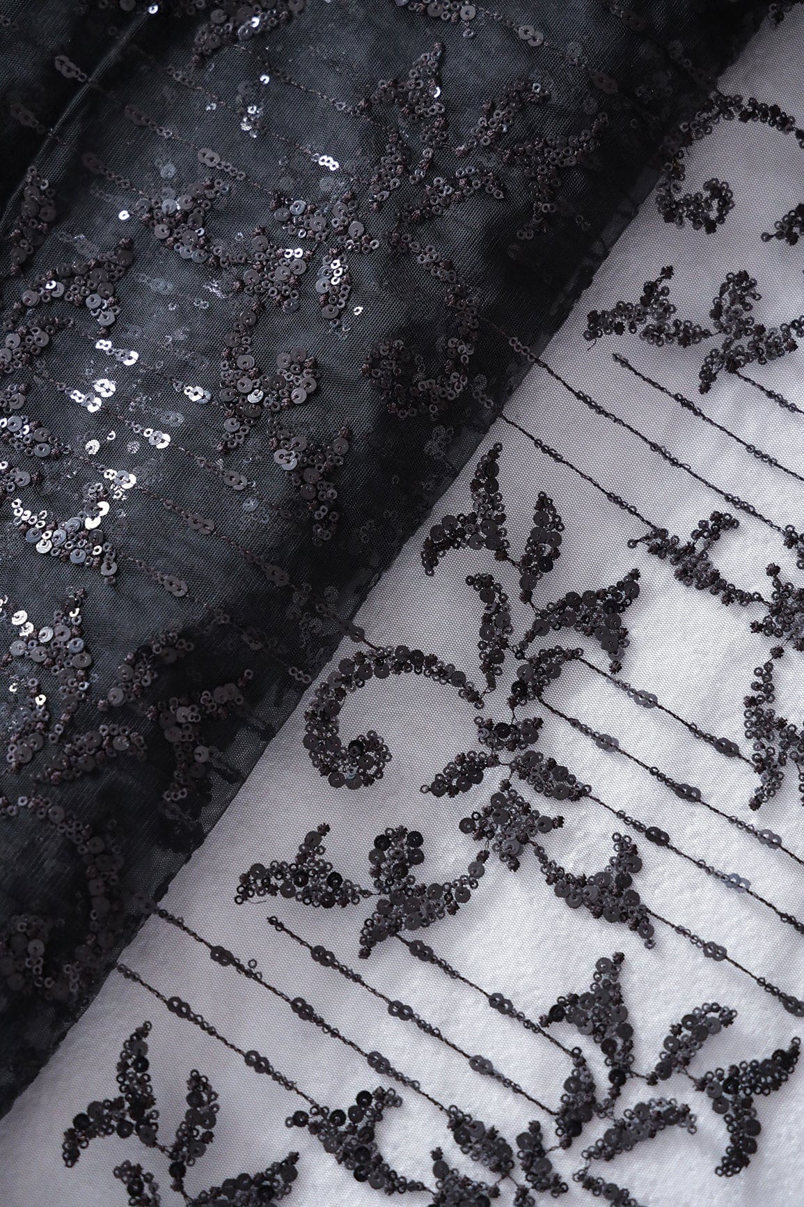 doeraa Embroidery Fabrics Black Thread With Sequins Abstract Embroidery Work On Black Soft Net Fabric