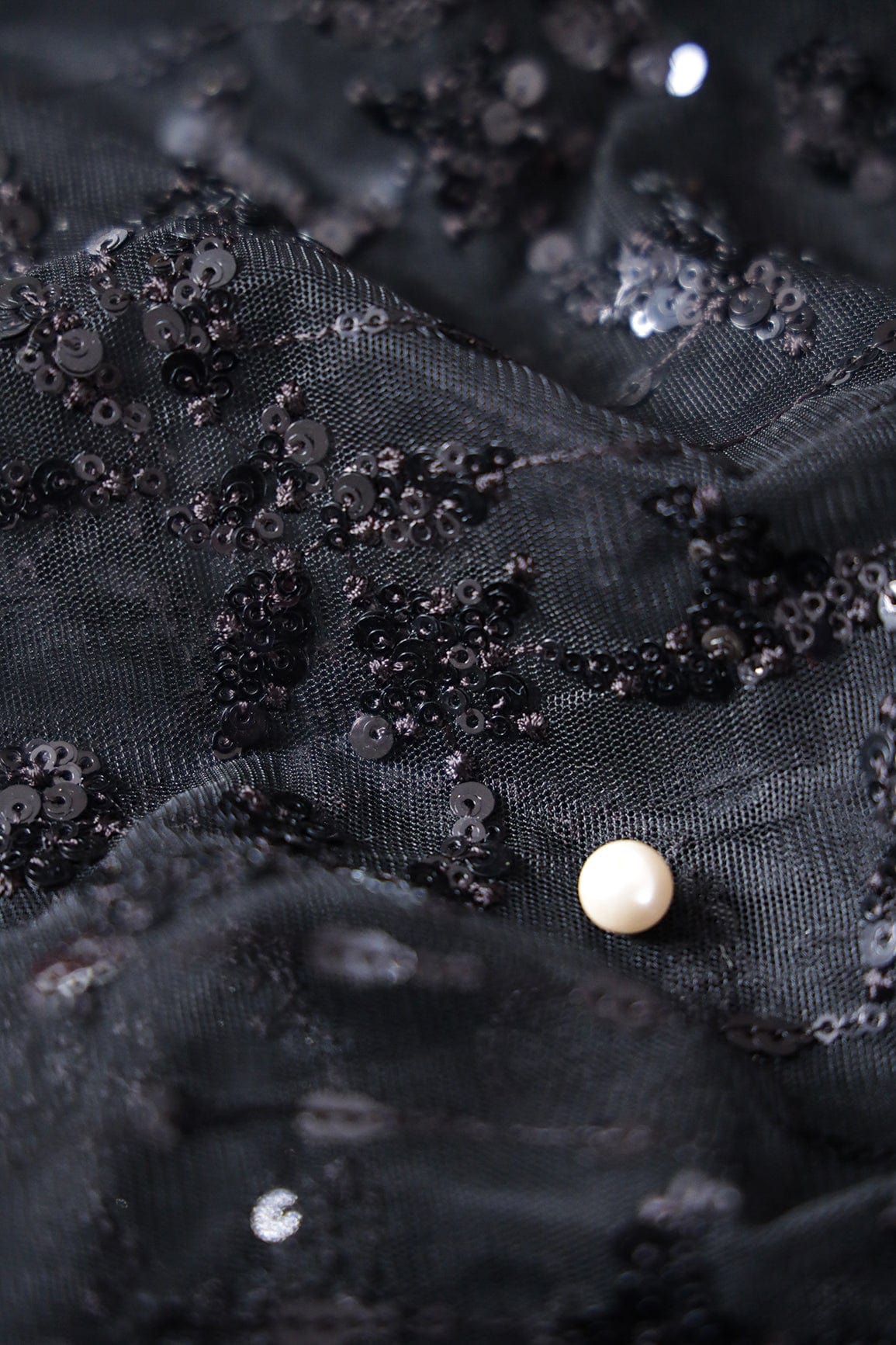 doeraa Embroidery Fabrics Black Thread With Sequins Abstract Embroidery Work On Black Soft Net Fabric