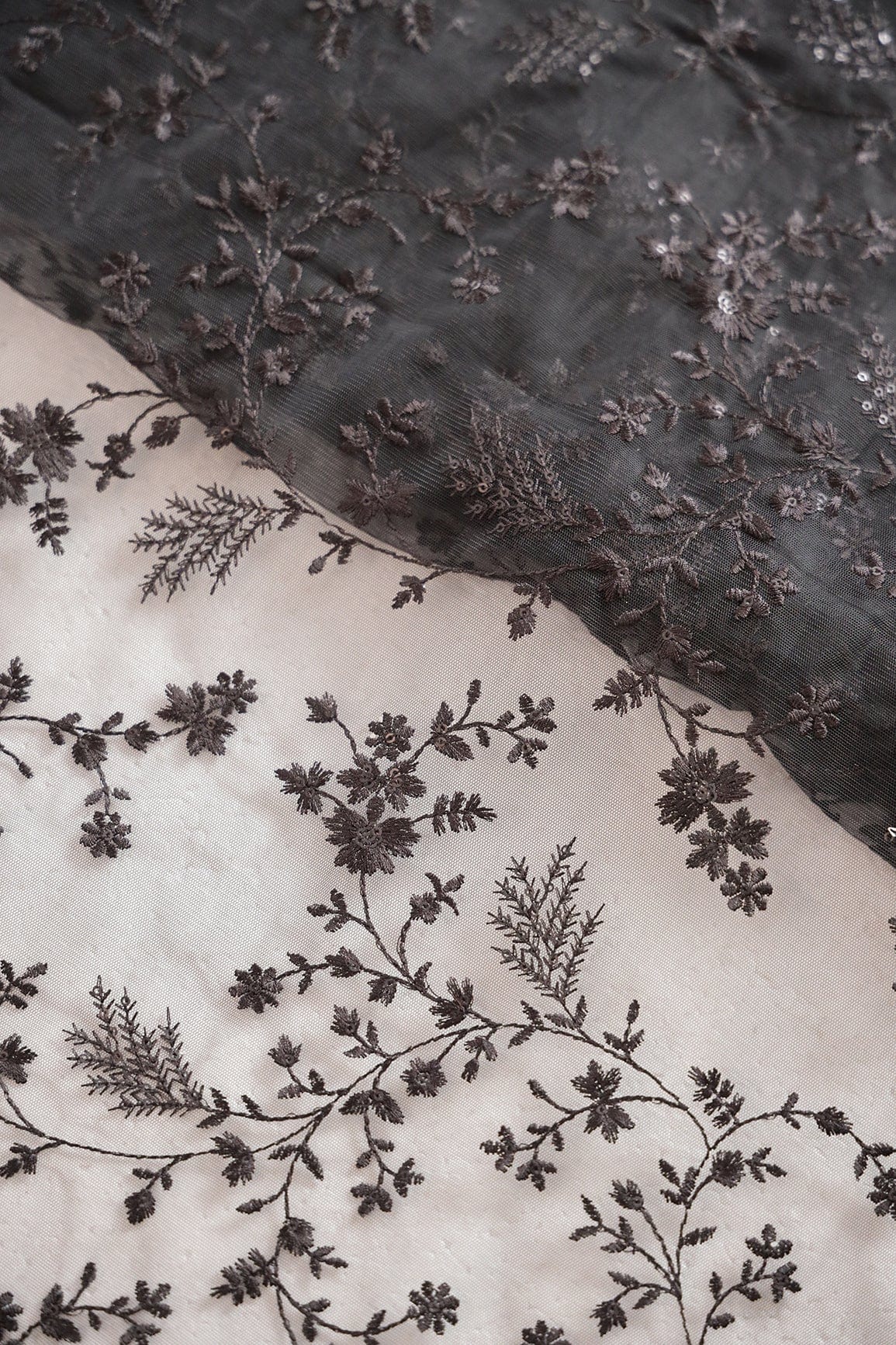 doeraa Embroidery Fabrics Black Thread With Sequins Beautiful Floral Embroidery Work On Black Soft Net Fabric