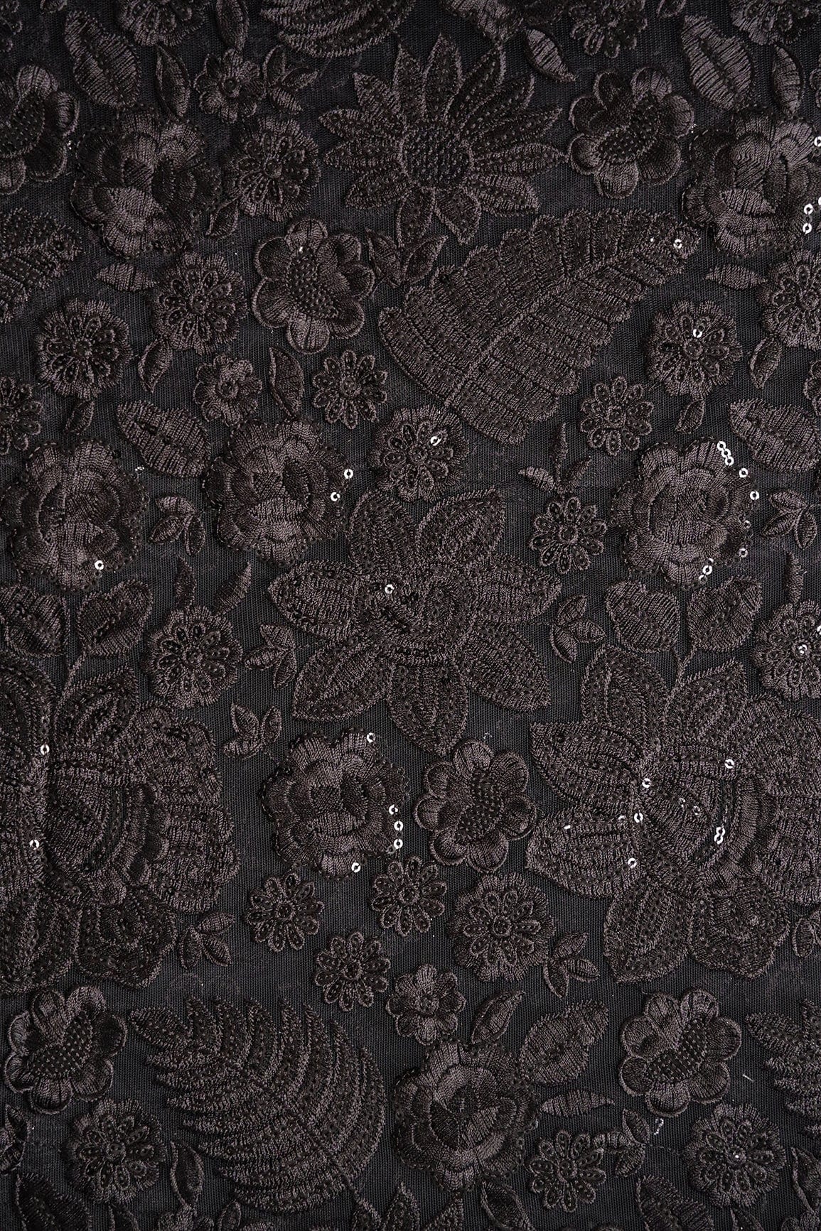 doeraa Embroidery Fabrics Black Thread With Sequins Heavy Floral Embroidery On Black Soft Net Fabric