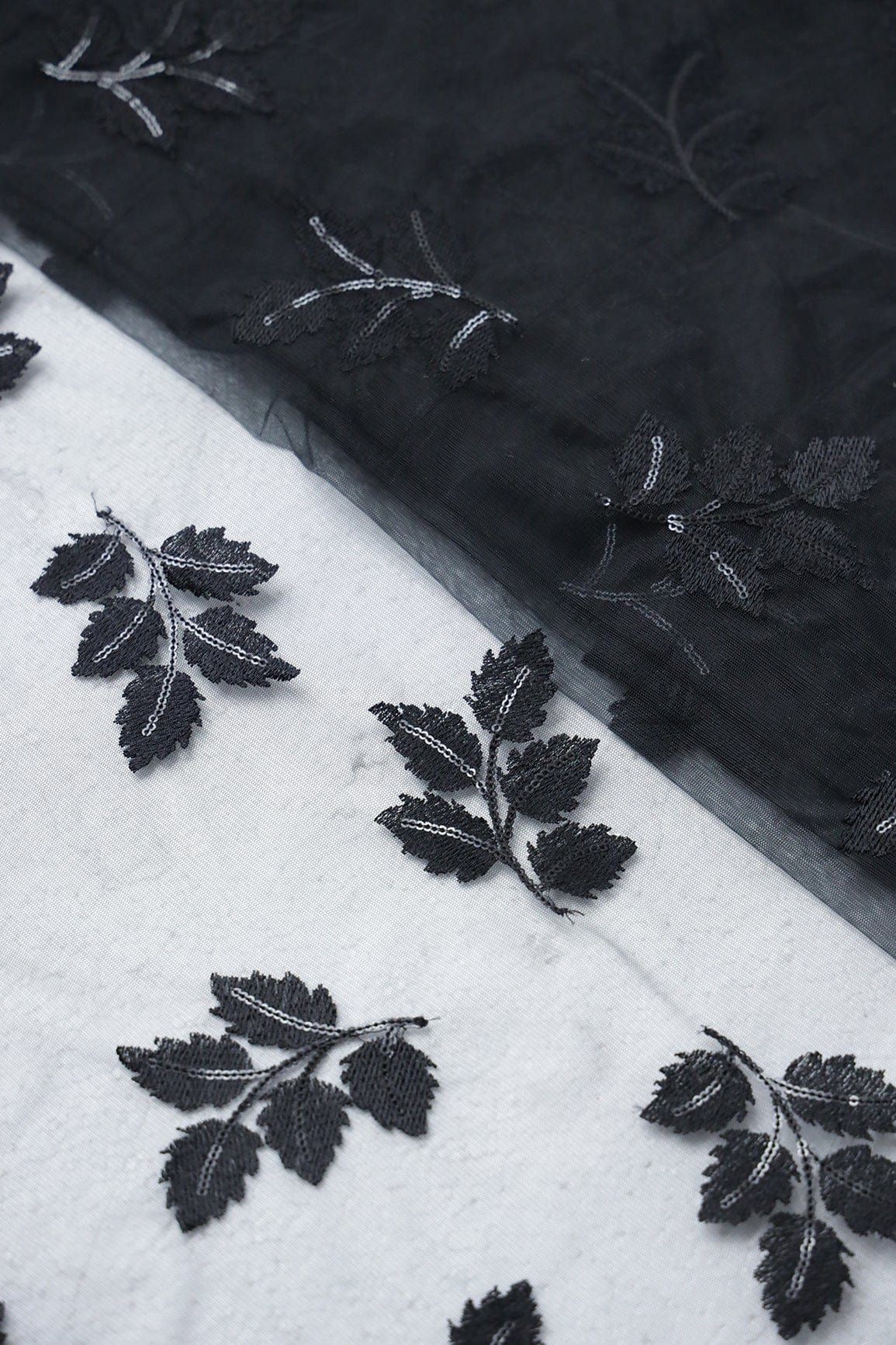 doeraa Embroidery Fabrics Black Thread With Sequins Leafy Embroidery Work On Black Soft Net Fabric