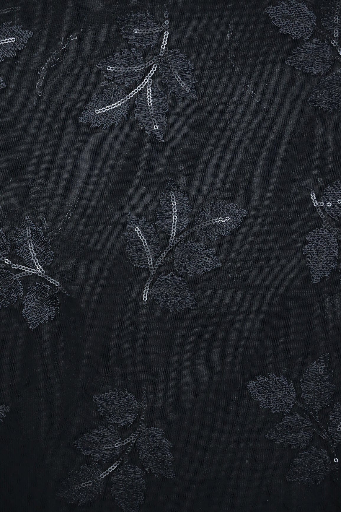 doeraa Embroidery Fabrics Black Thread With Sequins Leafy Embroidery Work On Black Soft Net Fabric