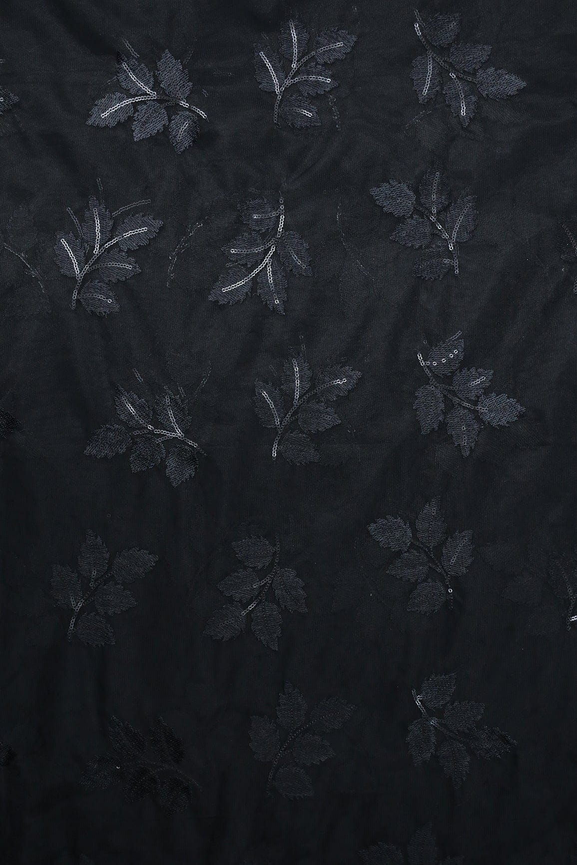 doeraa Embroidery Fabrics Black Thread With Sequins Leafy Embroidery Work On Black Soft Net Fabric