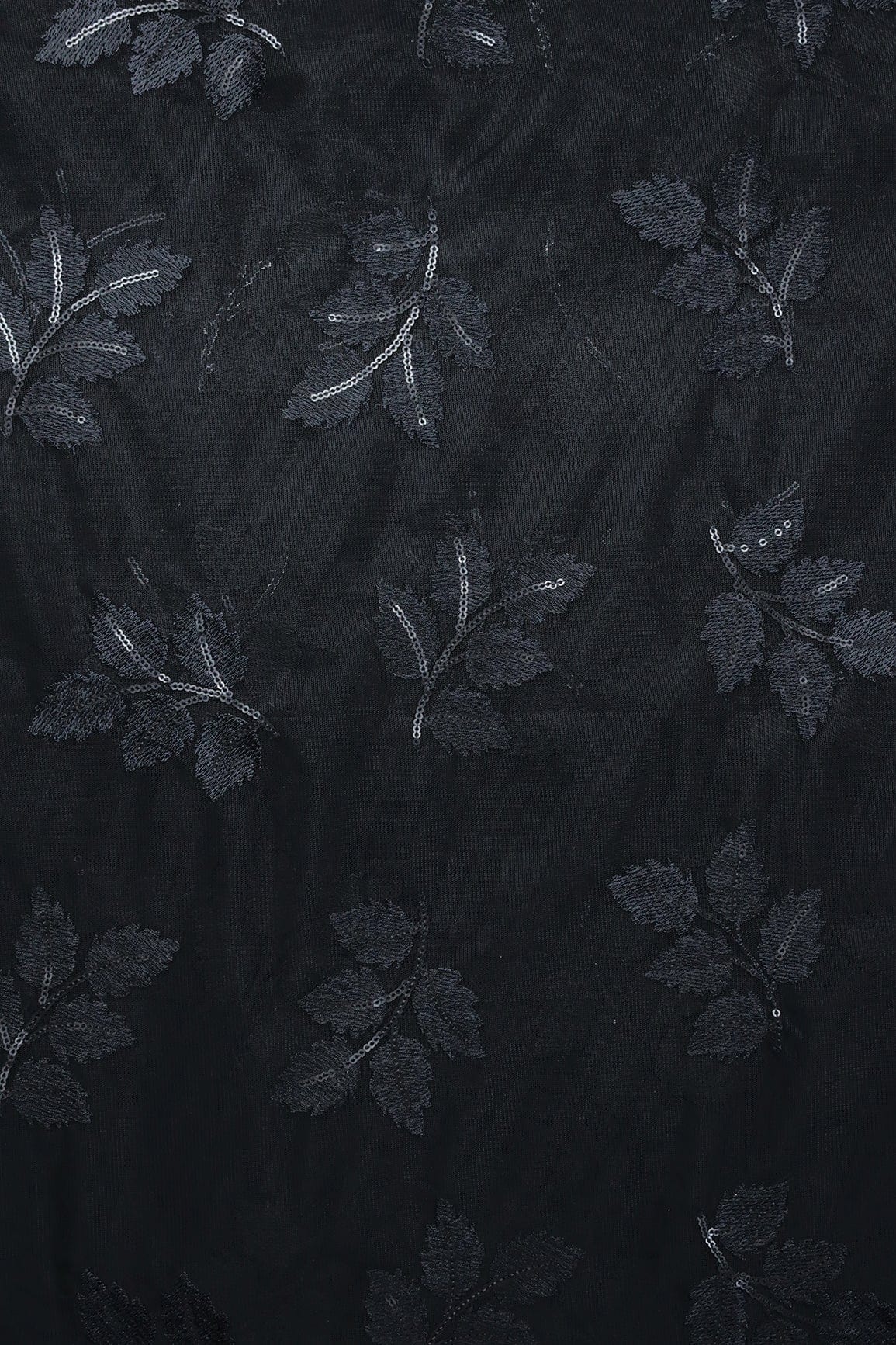 doeraa Embroidery Fabrics Black Thread With Sequins Leafy Embroidery Work On Black Soft Net Fabric