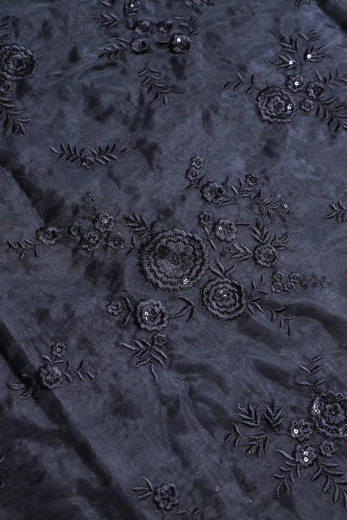 doeraa Embroidery Fabrics Black Thread With Water Sequins Floral Embroidery Work On Black Organza Fabric