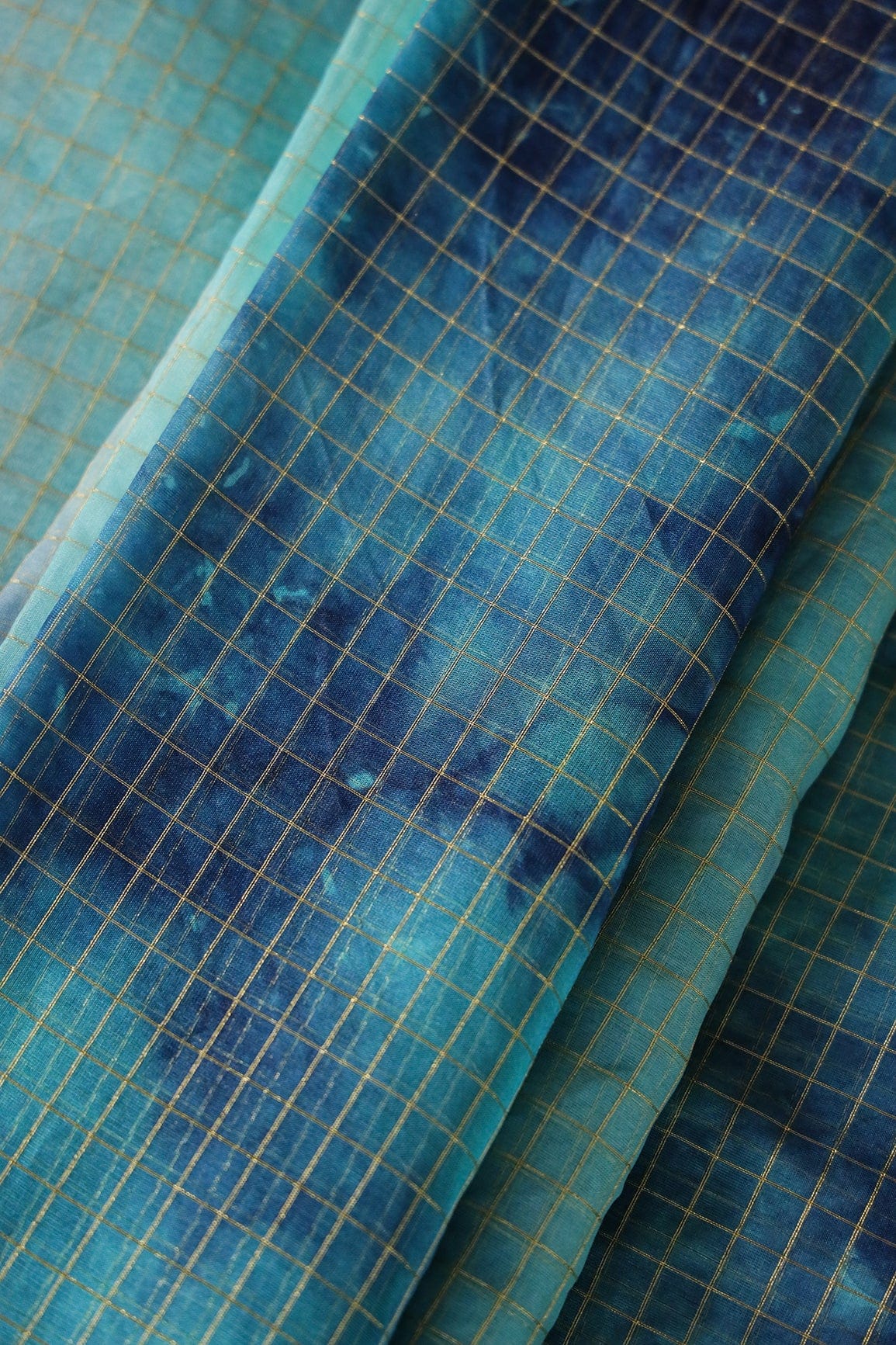 doeraa Embroidery Fabrics Blue And Sky Tie & Dye Gold Zari Checks Embroidery Work On Organza Fabric