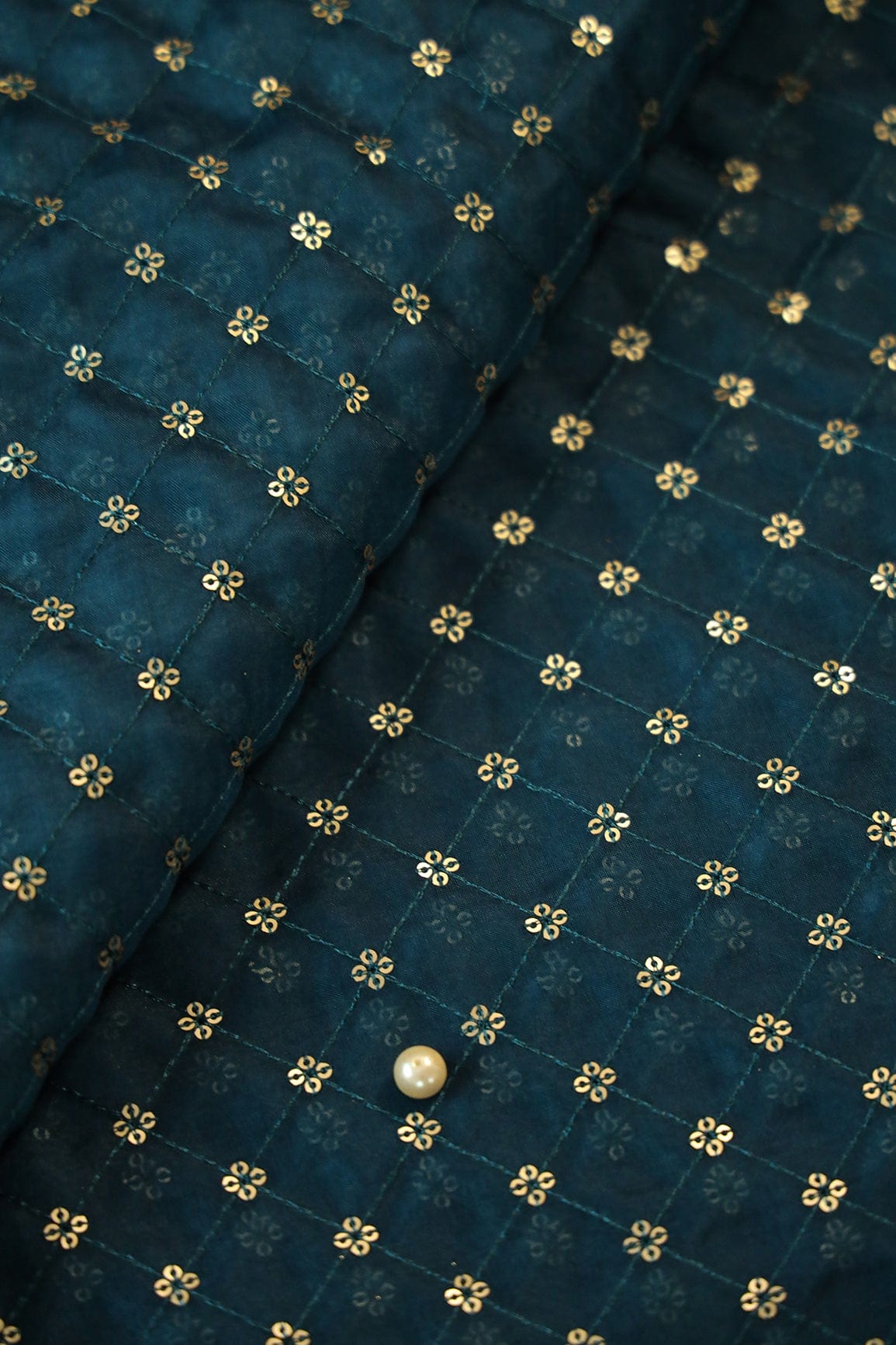 doeraa Embroidery Fabrics Blue Thread With Gold Sequins Checks Embroidery Work On Prussian Blue Organza Fabric
