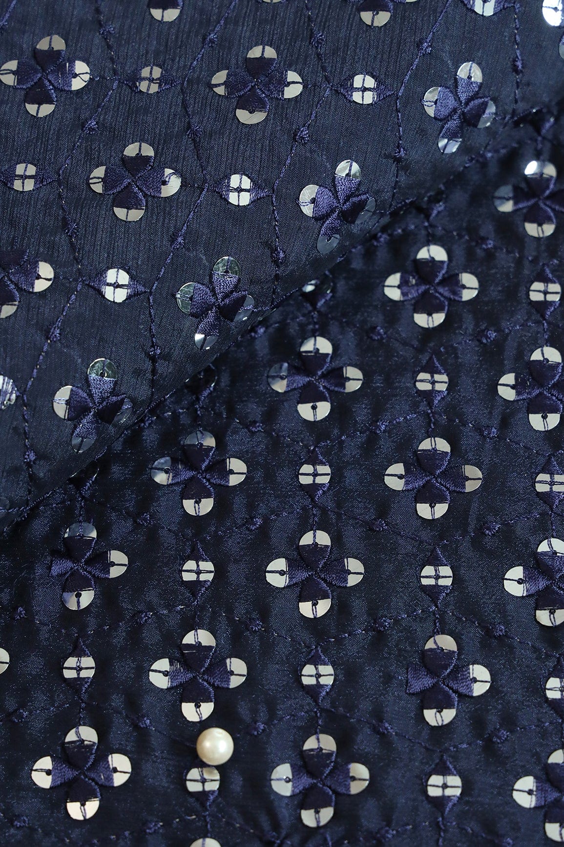 doeraa Embroidery Fabrics Blue Thread With Sequins Geometric Embroidery Work On Navy Blue Chinnon Chiffon Fabric
