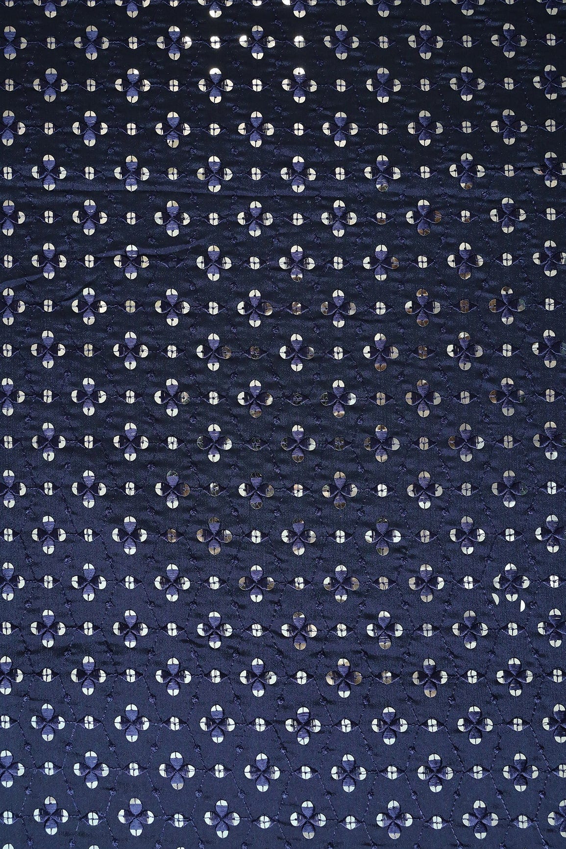 doeraa Embroidery Fabrics Blue Thread With Sequins Geometric Embroidery Work On Navy Blue Chinnon Chiffon Fabric