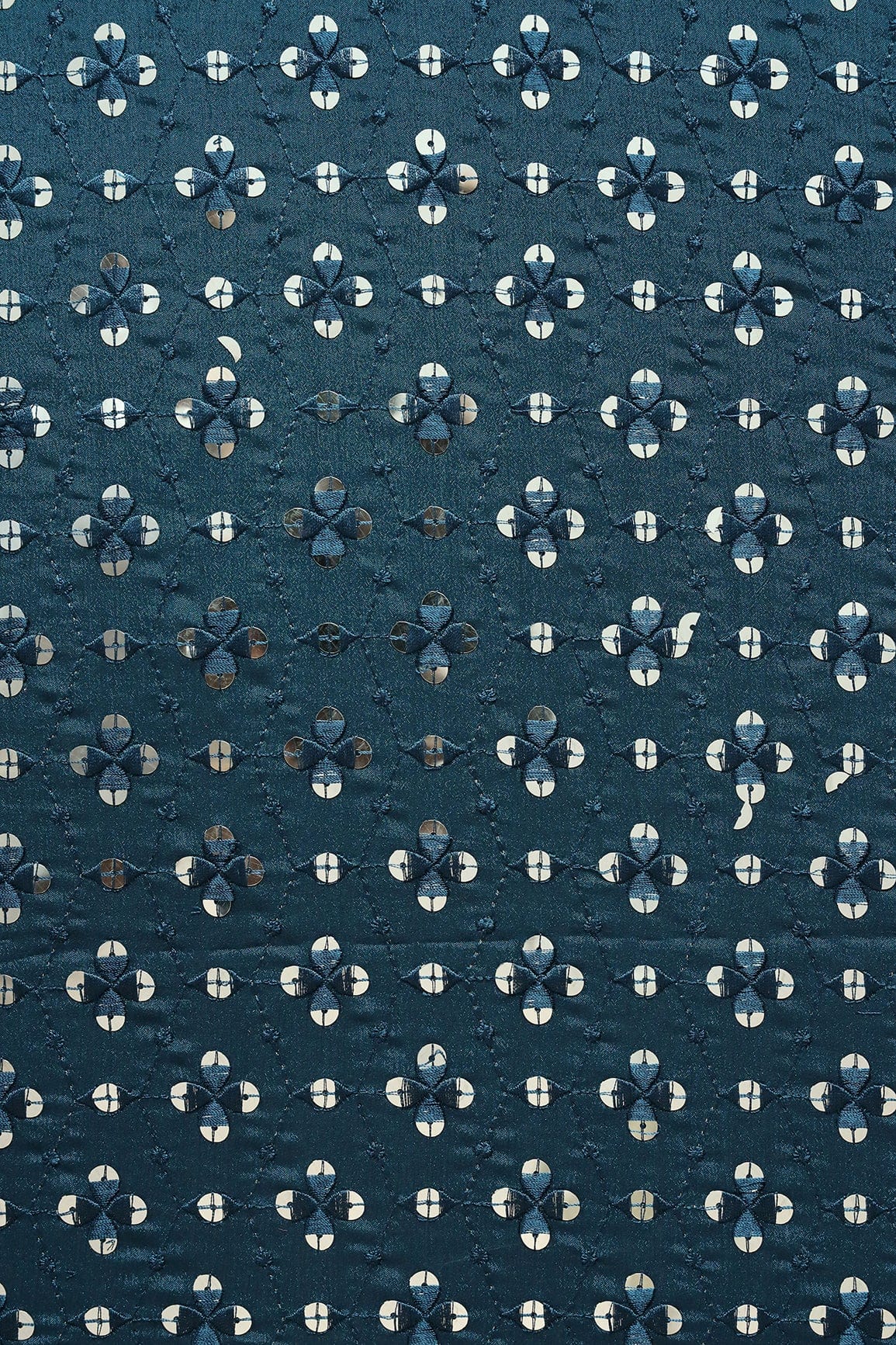 doeraa Embroidery Fabrics Blue Thread With Sequins Geometric Embroidery Work On Prussian Blue Chinnon Chiffon Fabric