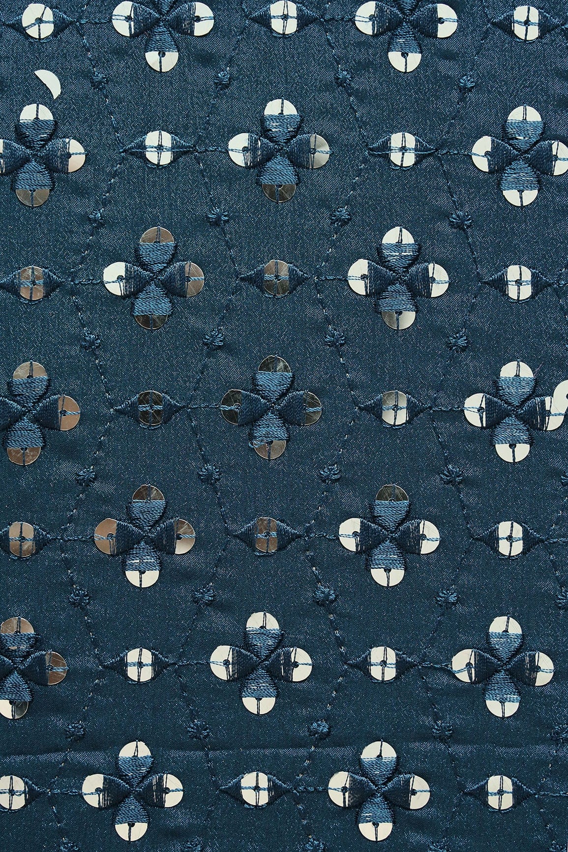 doeraa Embroidery Fabrics Blue Thread With Sequins Geometric Embroidery Work On Prussian Blue Chinnon Chiffon Fabric