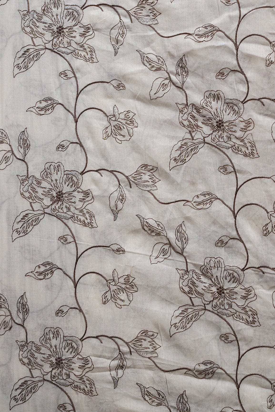 doeraa Embroidery Fabrics Brown Thread With Silver Sequins Floral Embroidery Work On White Organic Cotton Fabric