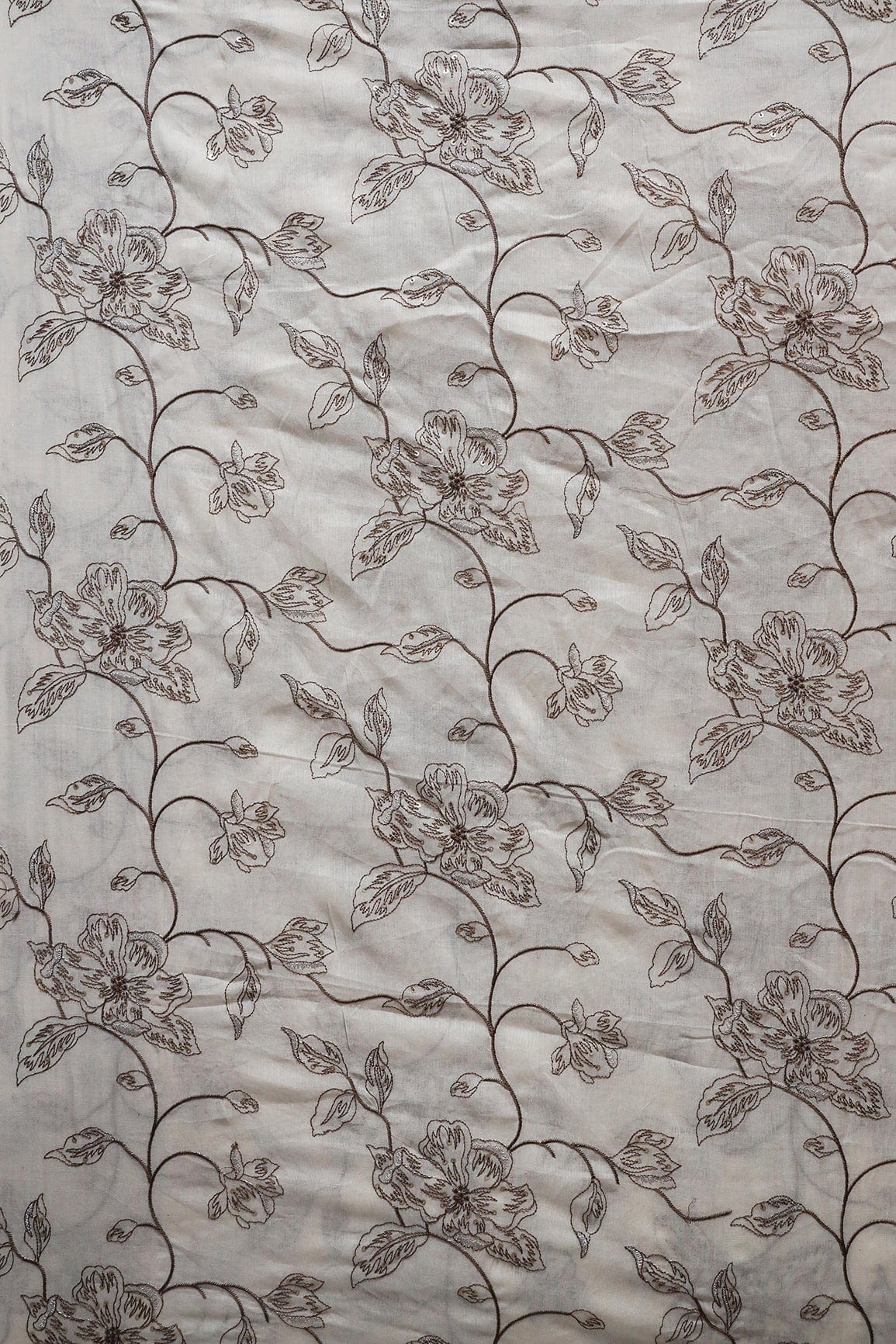 doeraa Embroidery Fabrics Brown Thread With Silver Sequins Floral Embroidery Work On White Organic Cotton Fabric