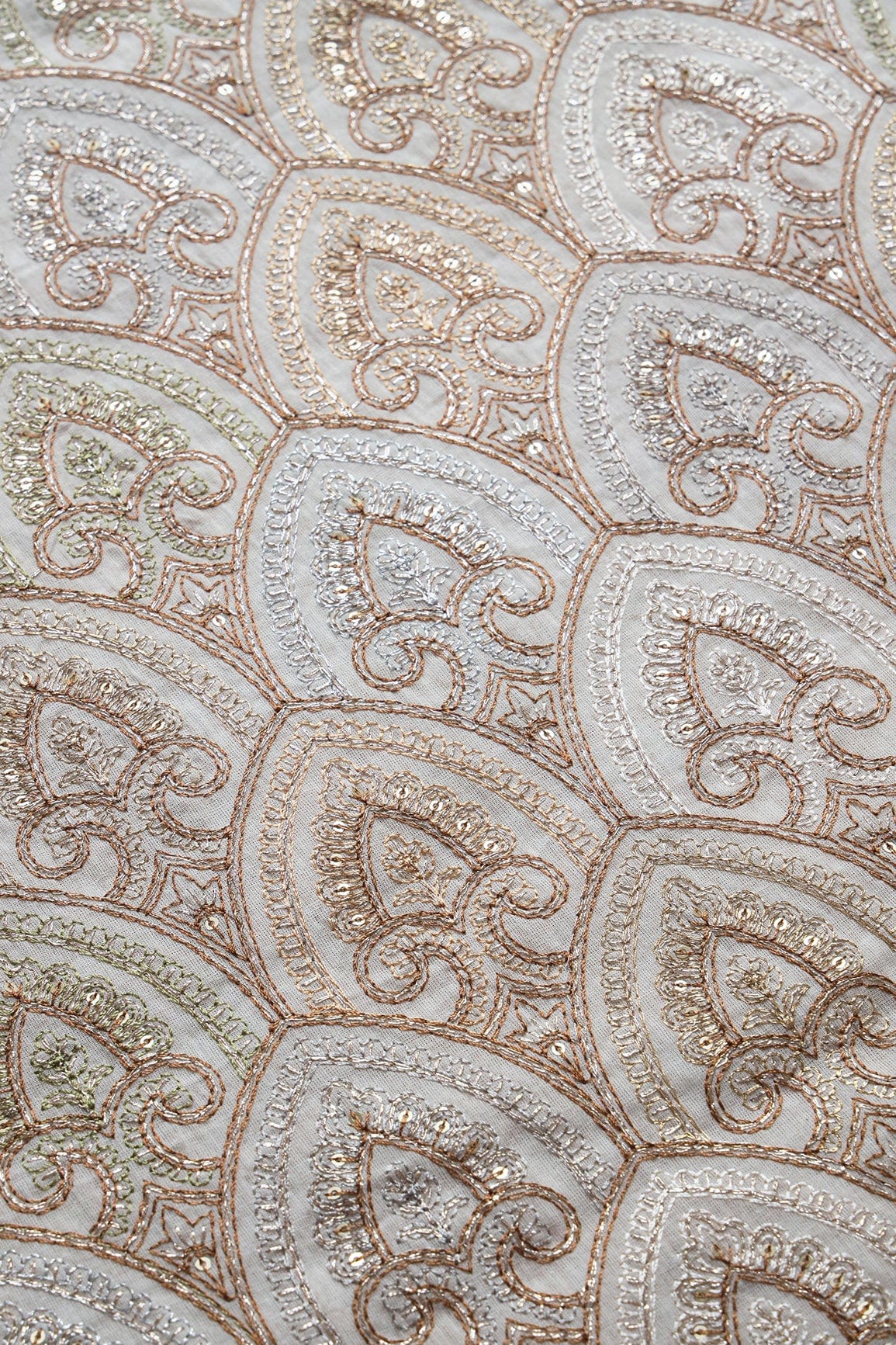 doeraa Embroidery Fabrics Brown Thread With Zari And Gold Sequins Trellis Embroidery On Off White Organic Cotton Fabric