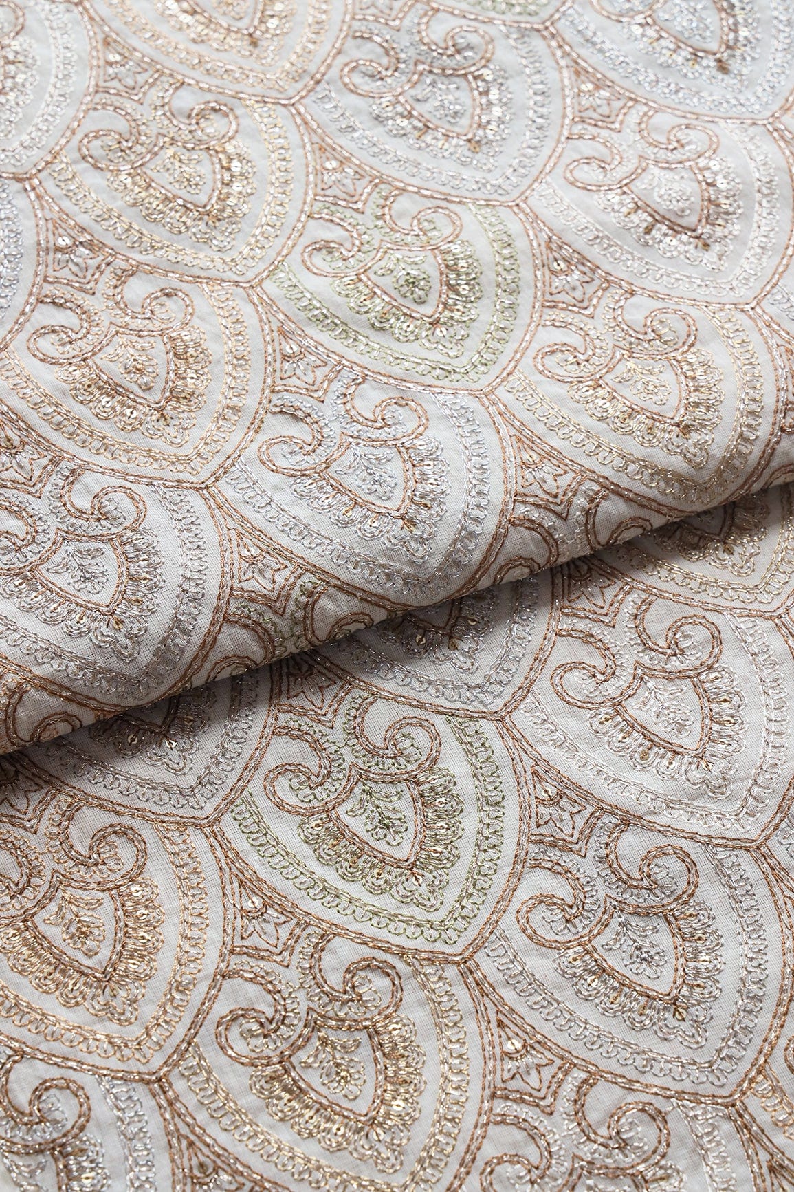 doeraa Embroidery Fabrics Brown Thread With Zari And Gold Sequins Trellis Embroidery On Off White Organic Cotton Fabric
