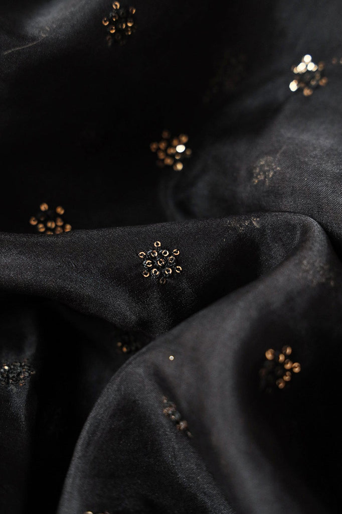 doeraa Embroidery Fabrics Copy of 2 Meter Cut Piece Of Gold Sequins With Thread Small Motif Embroidery On Black Organza Fabric