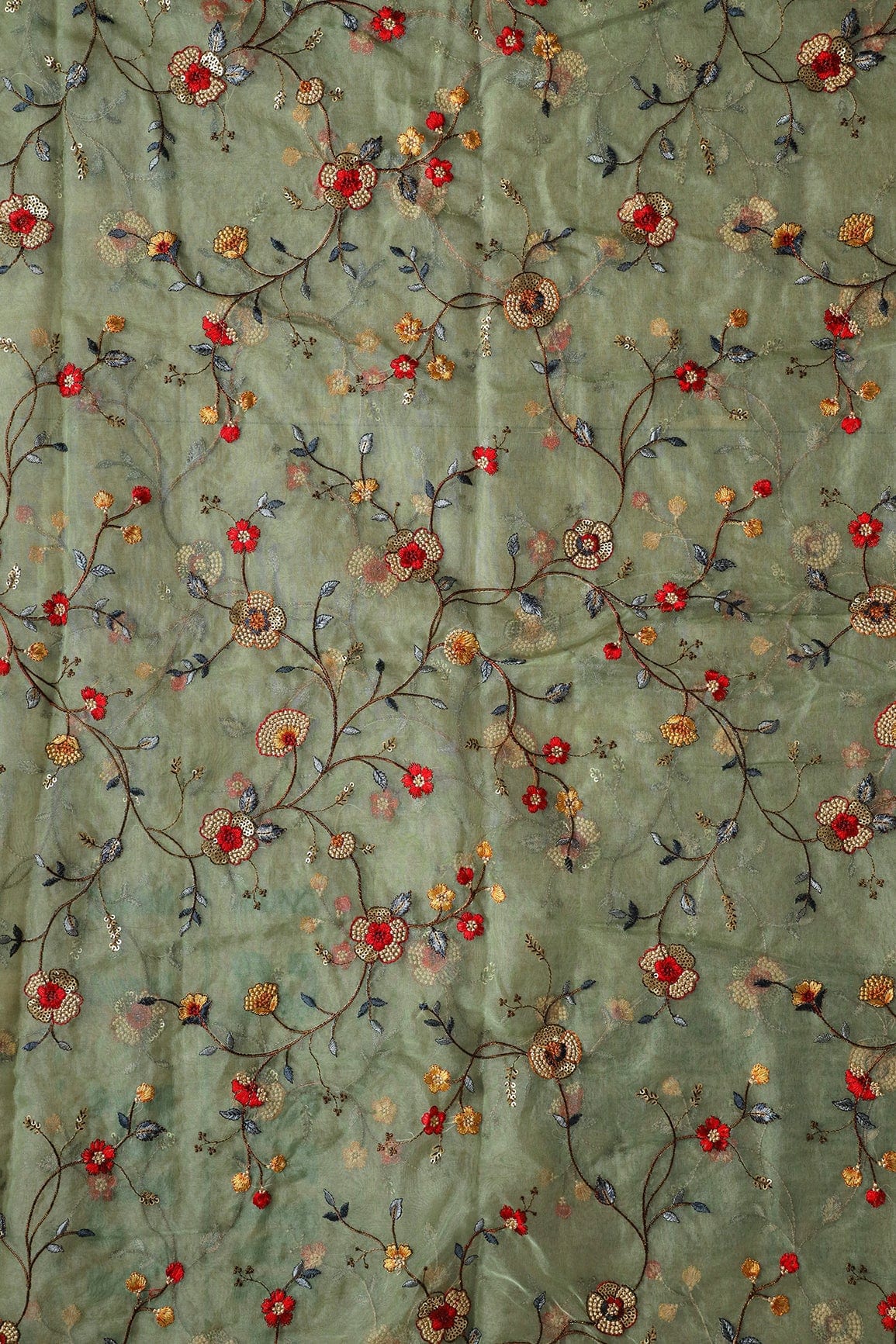 doeraa Embroidery Fabrics Copy of 3.70 Meter Cut Piece Gold Zari With Gold Sequins And Green Thread Embroidery On Olive Organza Fabric