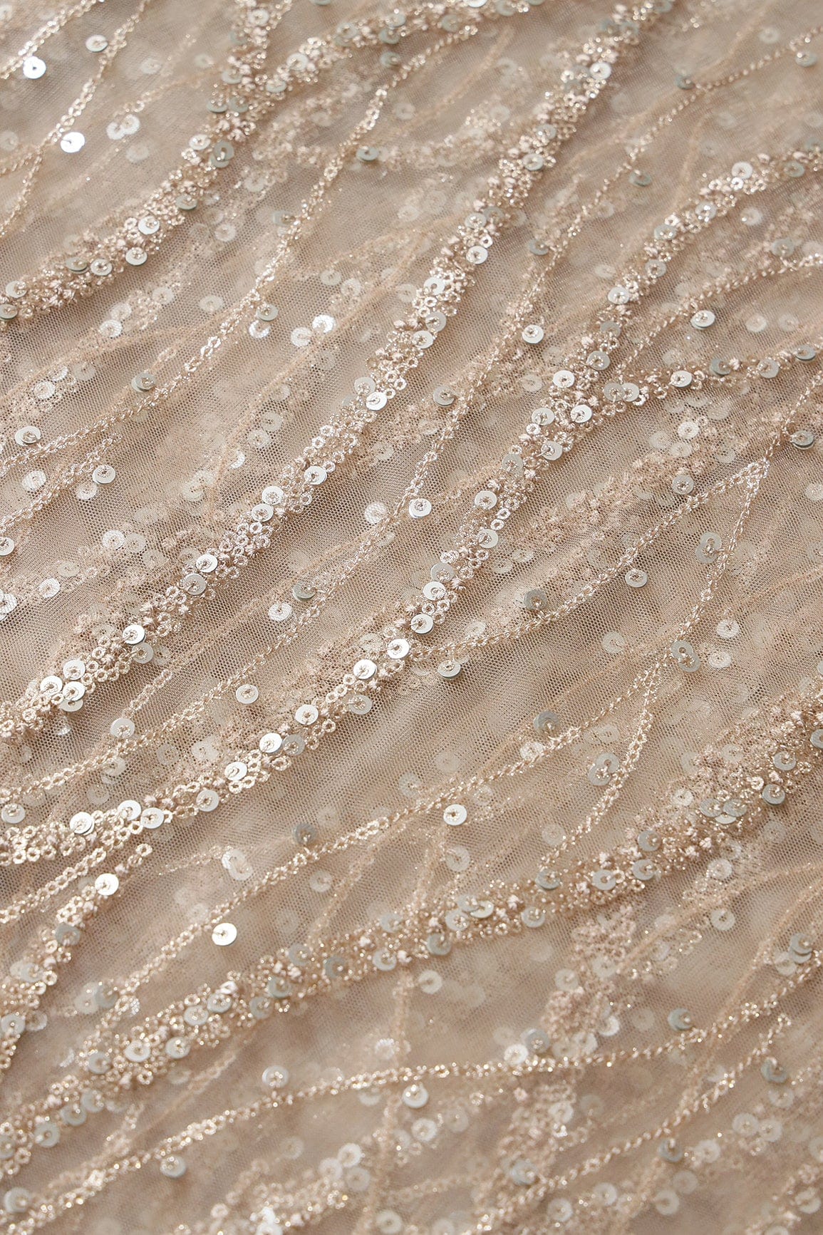 doeraa Embroidery Fabrics Copy of Gold Sequins With Beige Thread Embroidery On White Soft Net