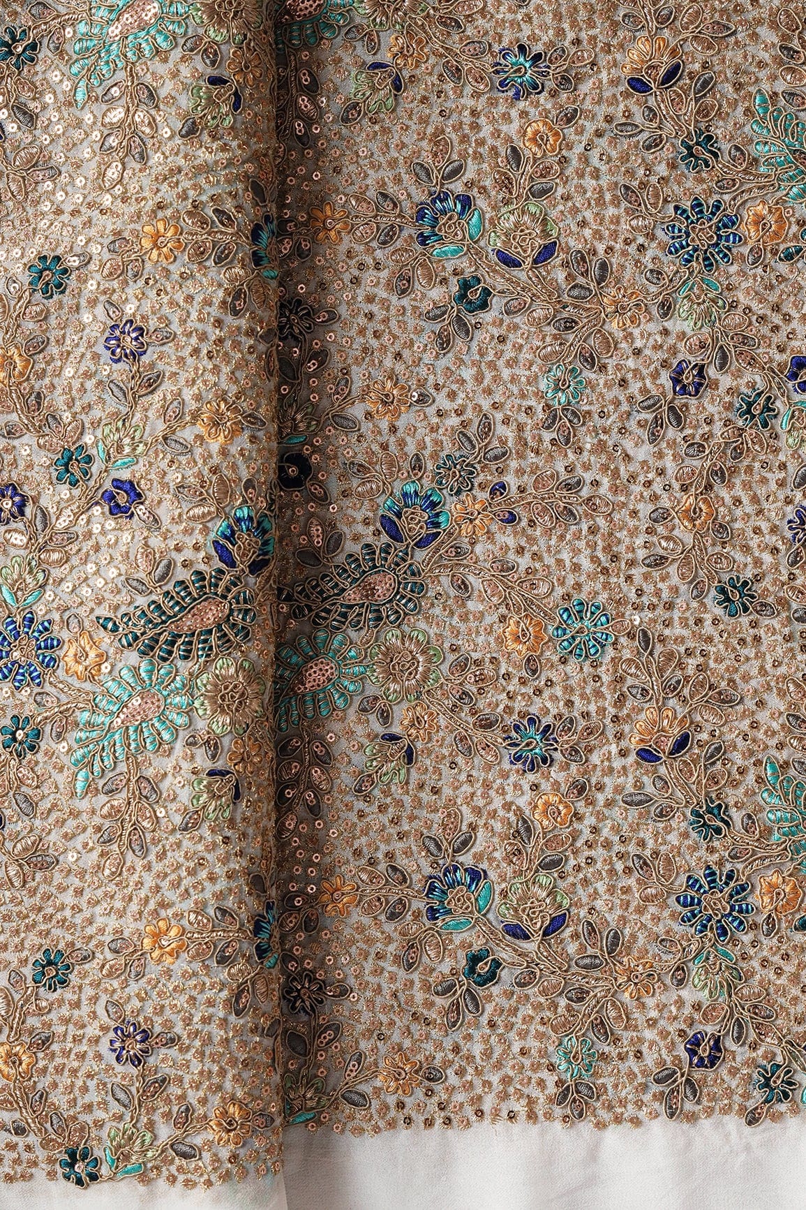 doeraa Embroidery Fabrics Copy of Gorgeous Multi Thread With Sequins Geometric Embroidery On Cream Viscose Georgette Fabric