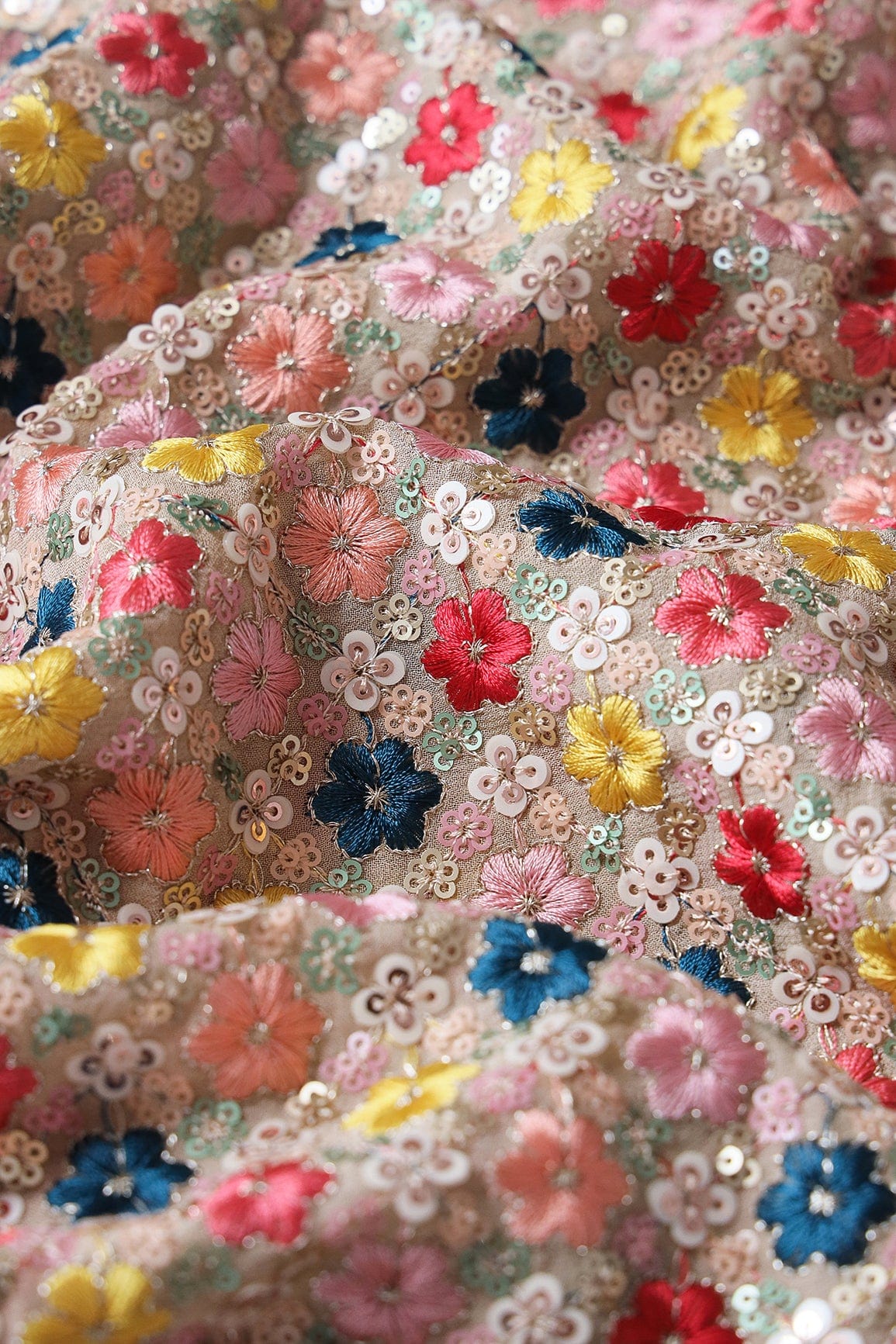 doeraa Embroidery Fabrics Copy of Multi Color Thread With Sequins Fabulous Floral Embroidery On Mustard Yellow Viscose Georgette Fabric
