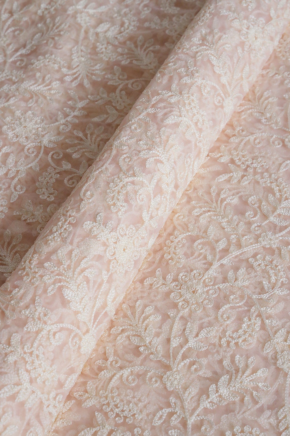 doeraa Embroidery Fabrics Cream Thread Beautiful Heavy Floral Embroidery Work On Baby Pink Soft Net Fabric