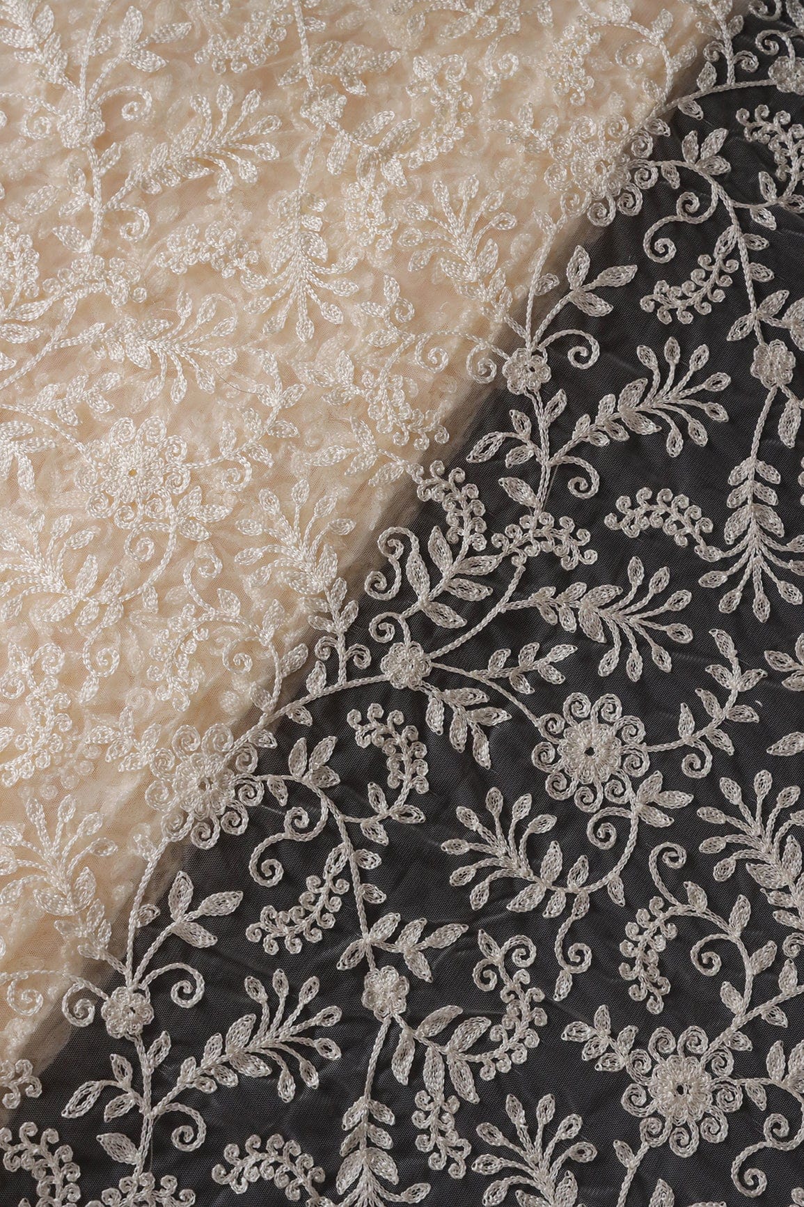 doeraa Embroidery Fabrics Cream Thread Beautiful Heavy Floral Embroidery Work On Cream Soft Net Fabric