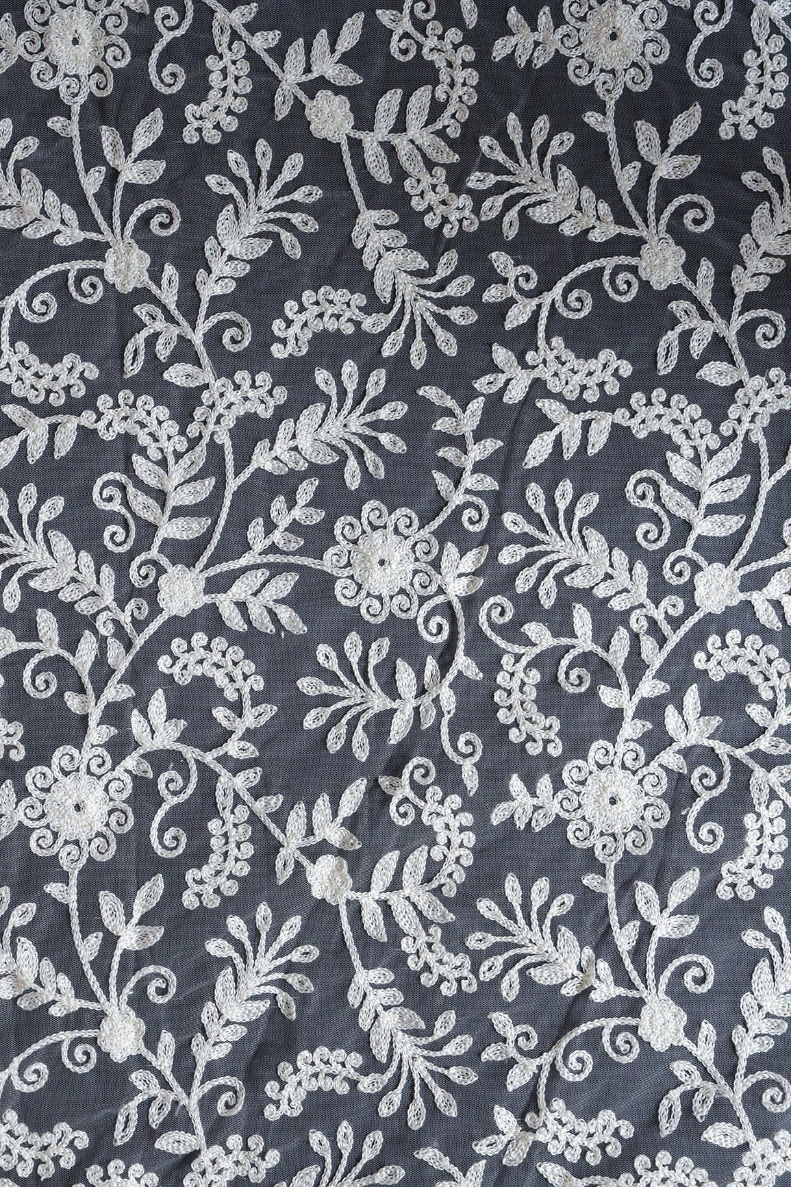 doeraa Embroidery Fabrics Cream Thread Beautiful Heavy Floral Embroidery Work On Light Grey Soft Net Fabric