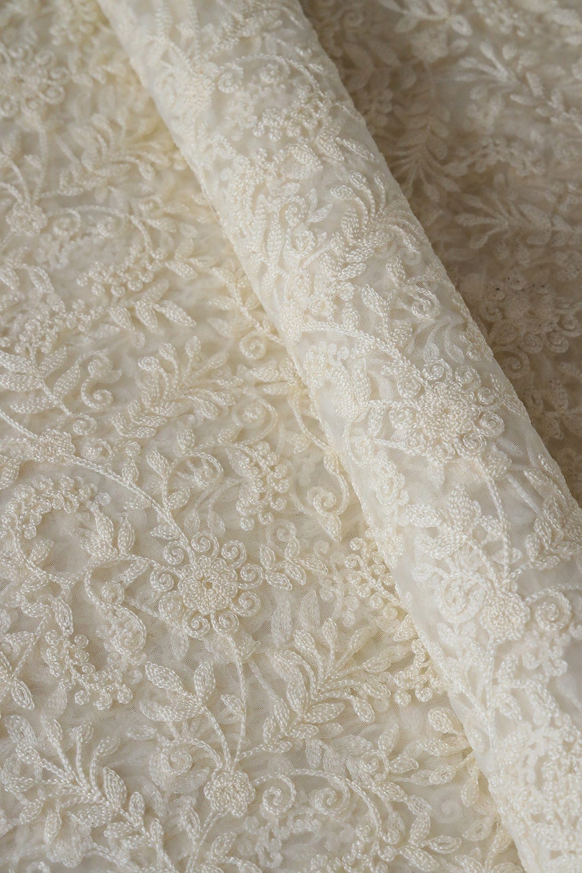 doeraa Embroidery Fabrics Cream Thread Beautiful Heavy Floral Embroidery Work On Pastel Olive Soft Net Fabric