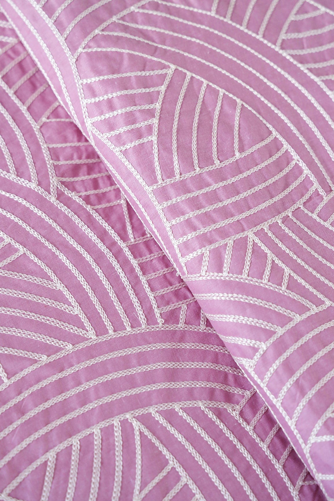 doeraa Embroidery Fabrics Cream Thread Geometric Pattern Heavy Embroidery Work On Baby Pink Cotton Fabric