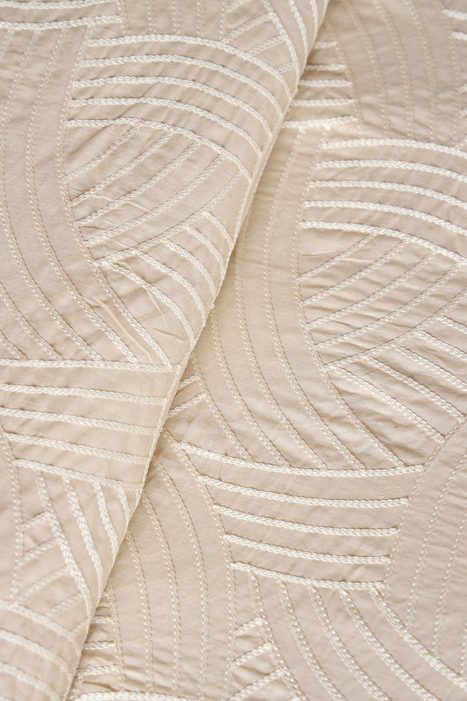 doeraa Embroidery Fabrics Cream Thread Geometric Pattern Heavy Embroidery Work On Beige Cotton Fabric