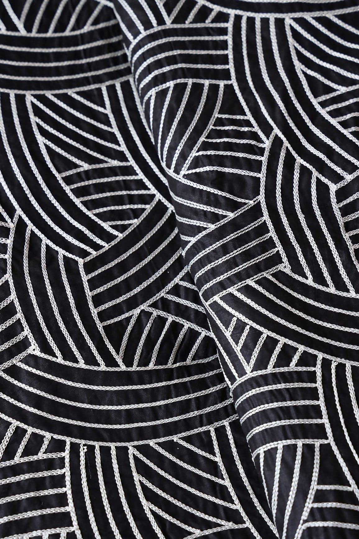 doeraa Embroidery Fabrics Cream Thread Geometric Pattern Heavy Embroidery Work On Black Cotton Fabric