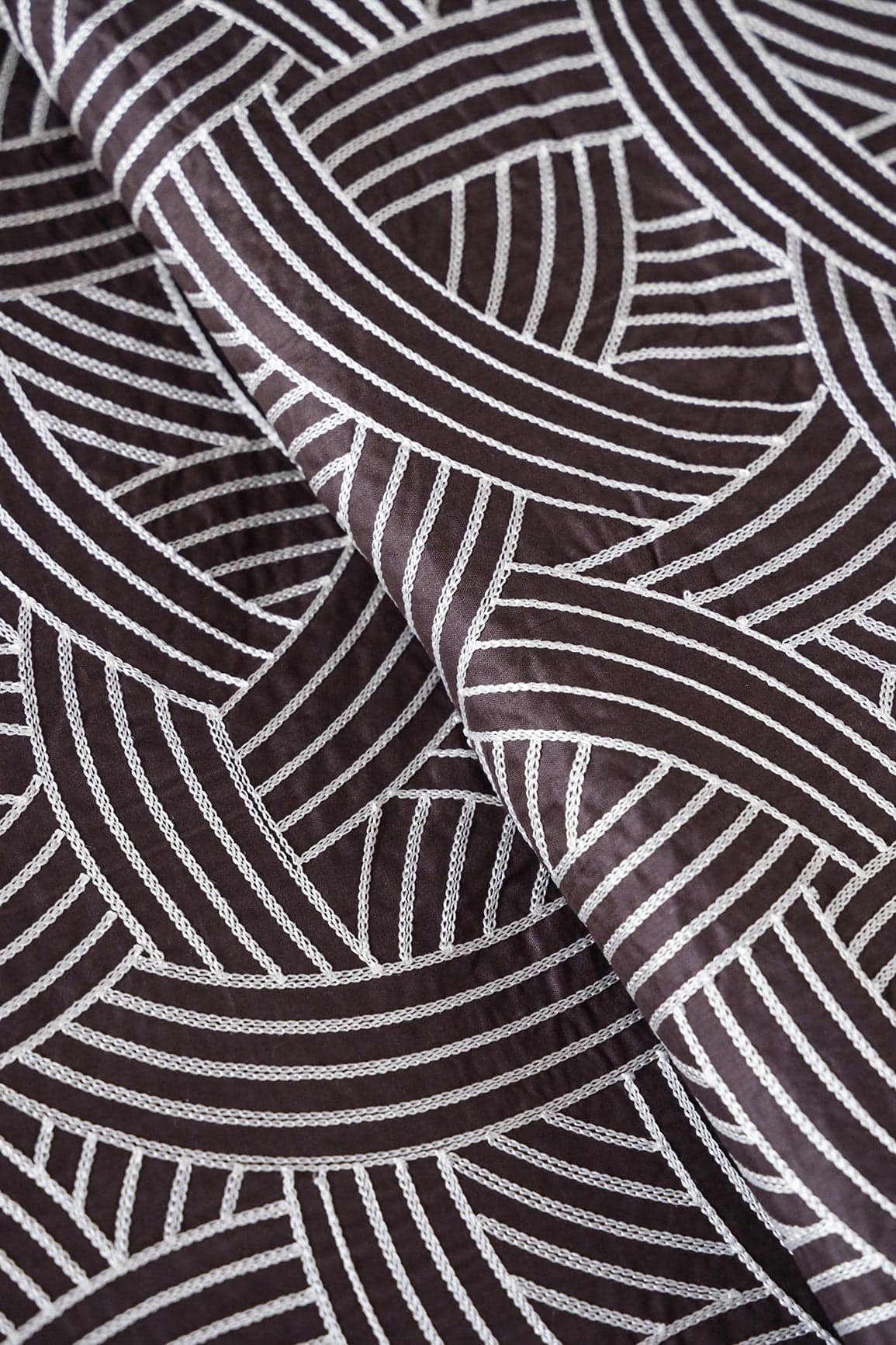 doeraa Embroidery Fabrics Cream Thread Geometric Pattern Heavy Embroidery Work On Brown Cotton Fabric