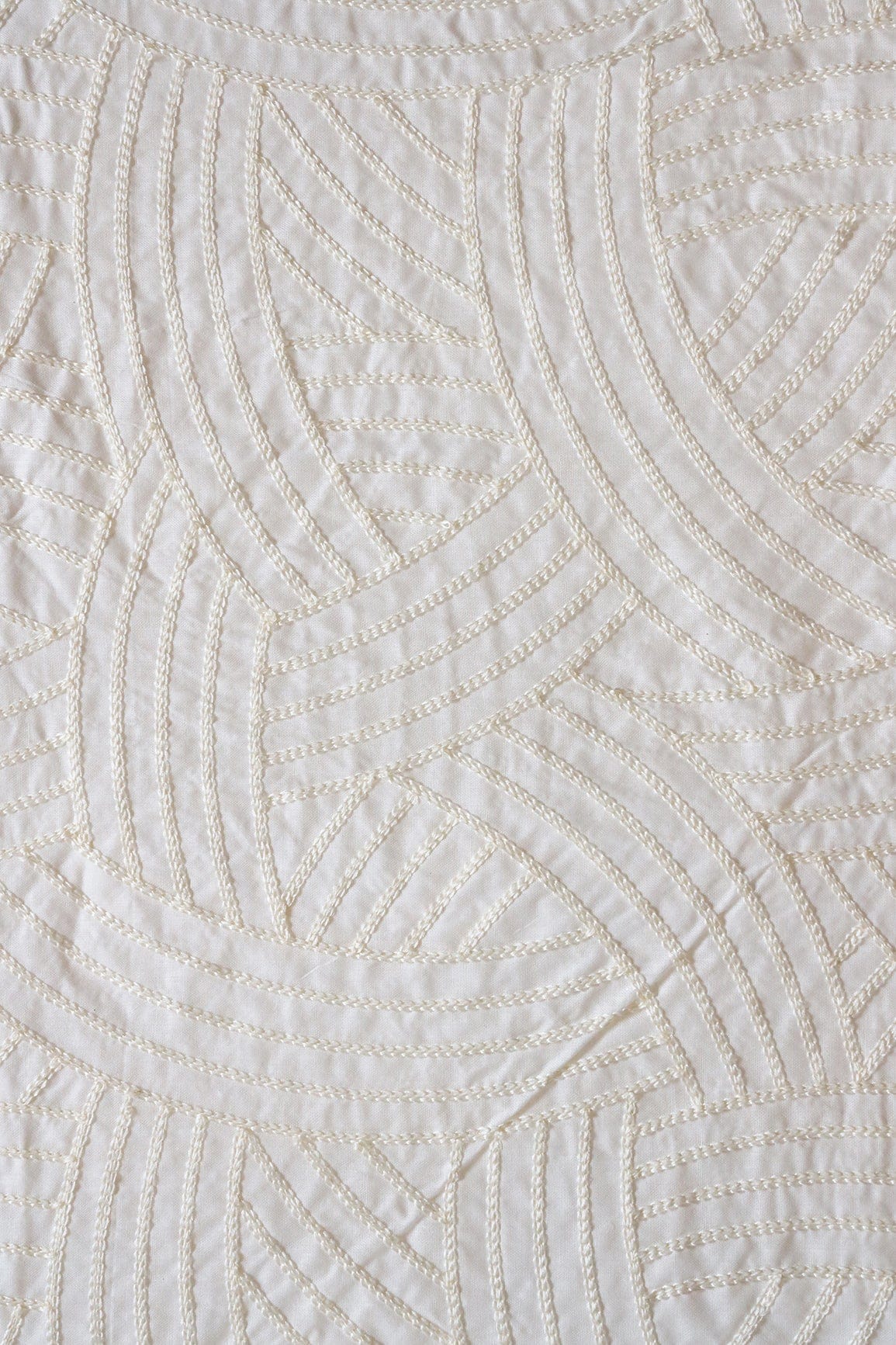doeraa Embroidery Fabrics Cream Thread Geometric Pattern Heavy Embroidery Work On White Cotton Fabric