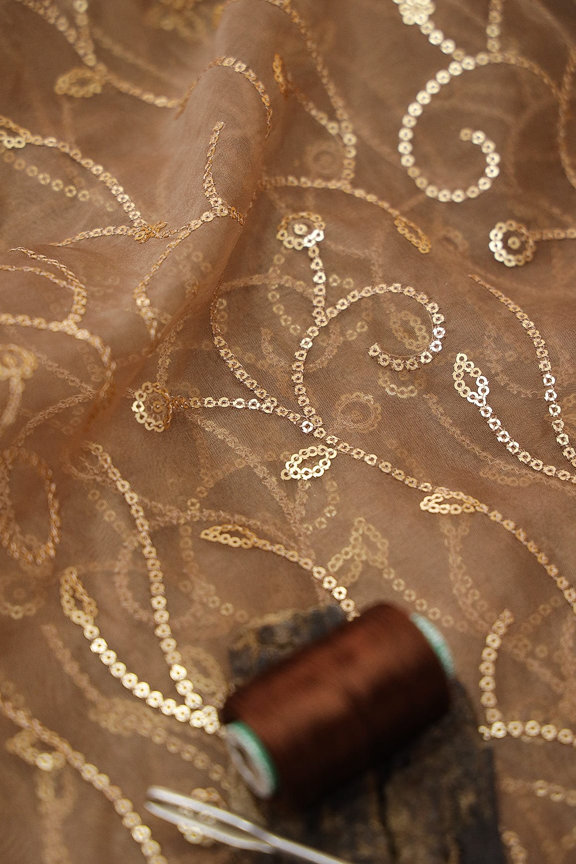 doeraa Embroidery Fabrics Cultural Gold Sequins Embroidery on Brown Organza Fabric