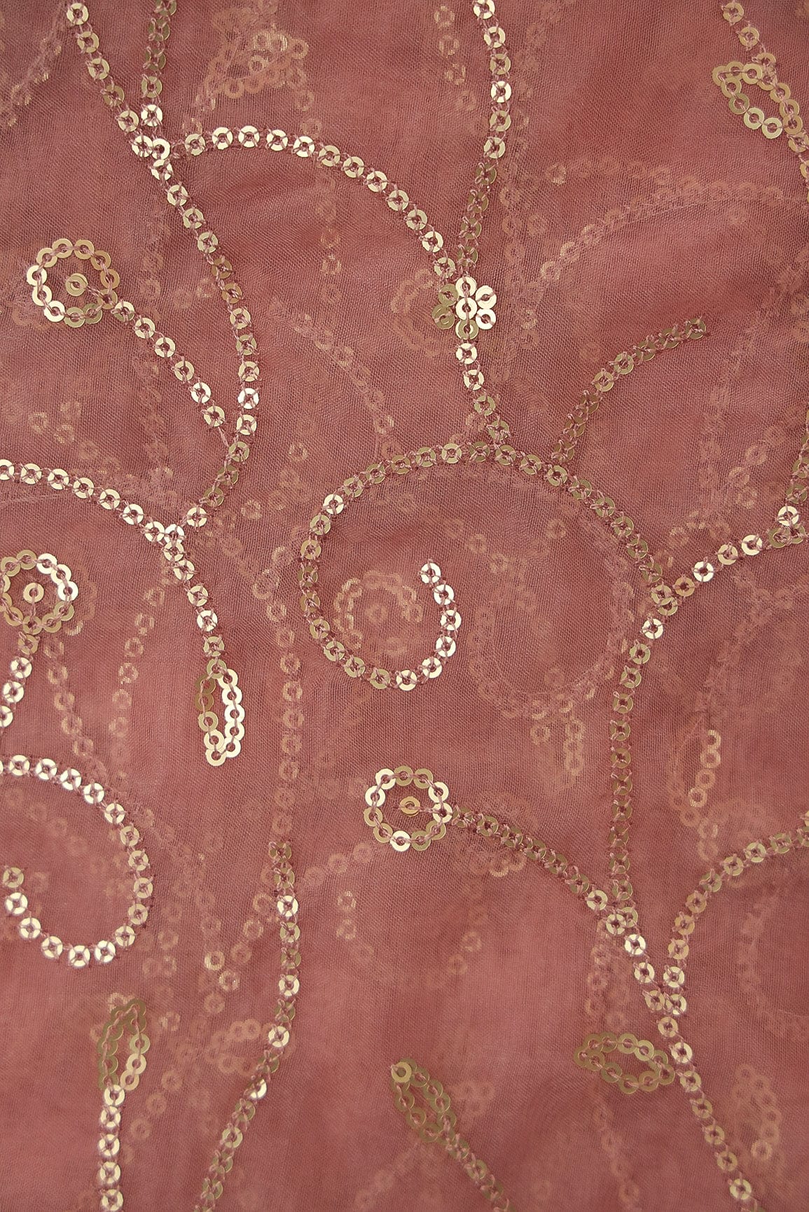 doeraa Embroidery Fabrics Cultural Gold Sequins Embroidery on Salmon Pink Organza Fabric