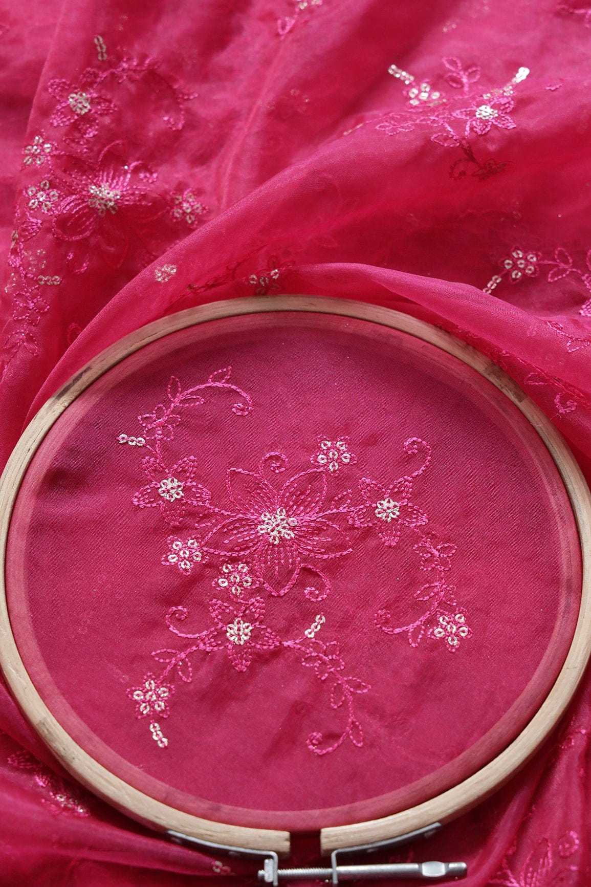 doeraa Embroidery Fabrics Dark Pink Thread With Gold Sequins Embroidery Work On Fuchsia Organza Fabric