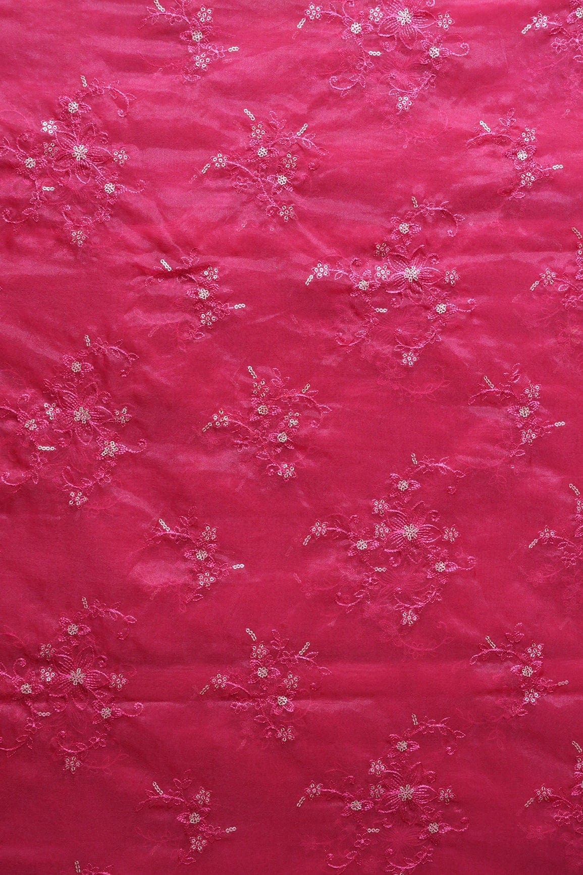 doeraa Embroidery Fabrics Dark Pink Thread With Gold Sequins Embroidery Work On Fuchsia Organza Fabric