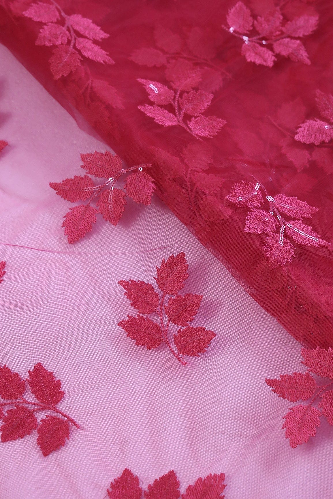 doeraa Embroidery Fabrics Dark Pink Thread With Sequins Leafy Embroidery Work On Pinkish Red Soft Net Fabric