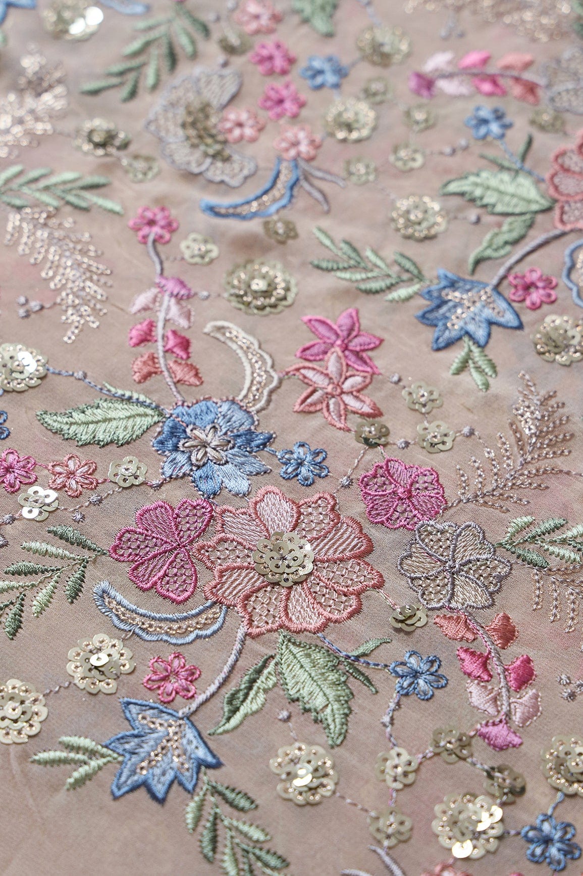 doeraa Embroidery Fabrics Delightful Pastel Thread With Gold Sequins Heavy Floral Embroidery On Beige Viscose Georgette Fabric