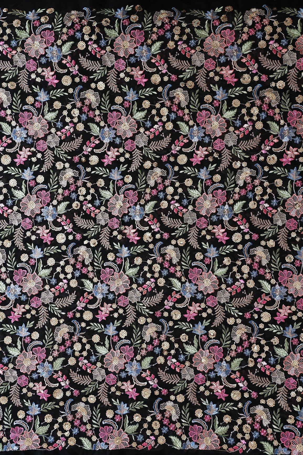 doeraa Embroidery Fabrics Delightful Pastel Thread With Gold Sequins Heavy Floral Embroidery On Black Viscose Georgette Fabric