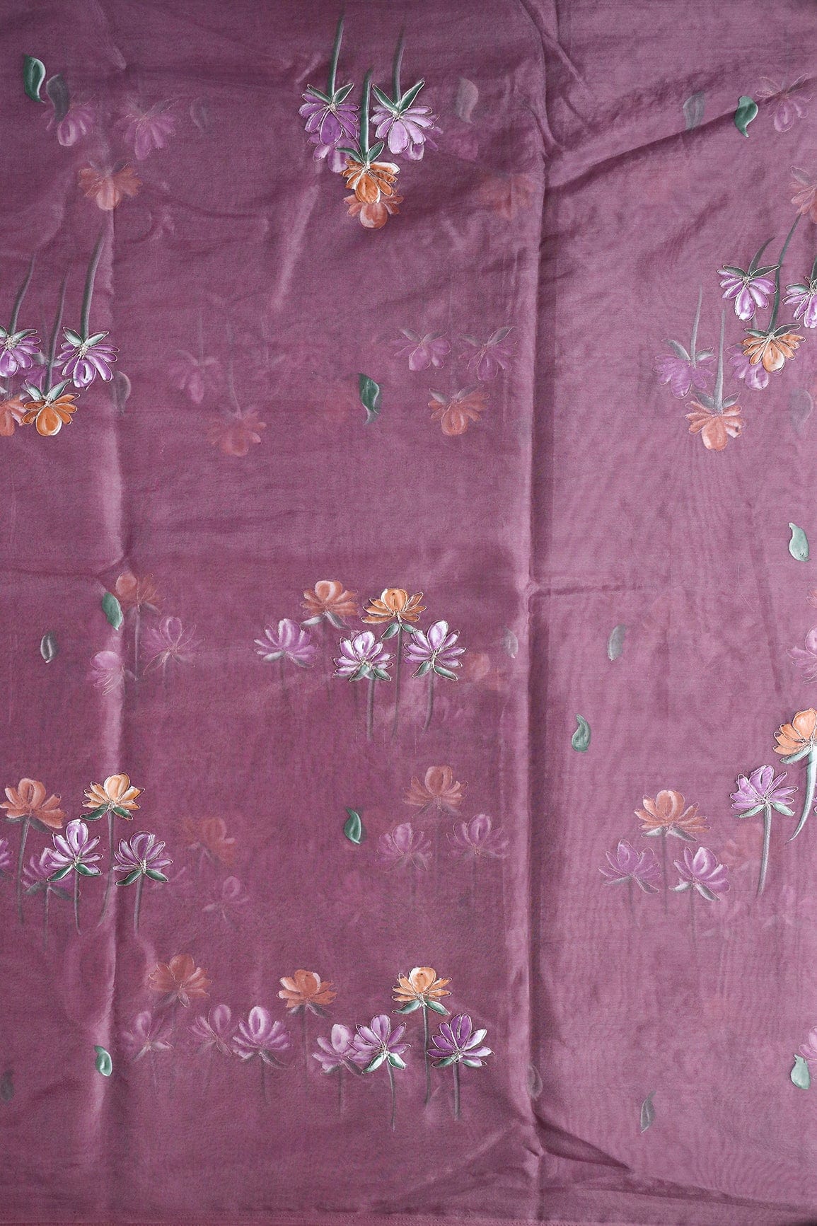 doeraa Embroidery Fabrics Elegant Floral Hand Painted With Embroidery Work On Lavender Organza Fabric