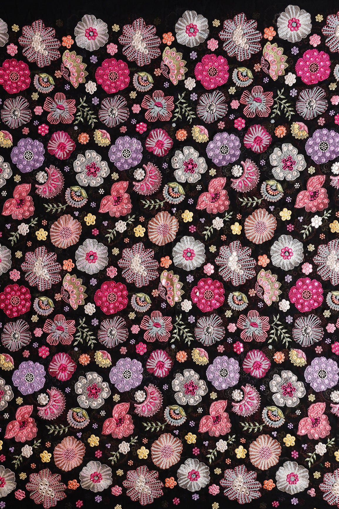 doeraa Embroidery Fabrics Exclusive Floral Designer Embroidery With Faux Mirror On Black Viscose Georgette Fabric