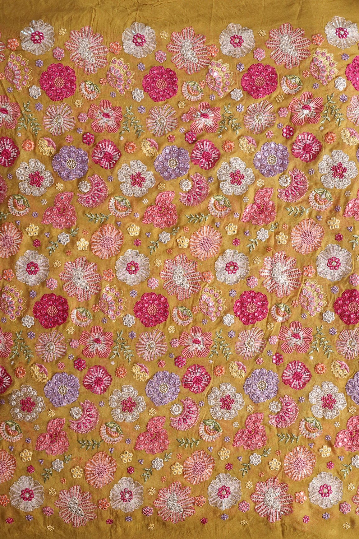 doeraa Embroidery Fabrics Exclusive Floral Designer Embroidery With Faux Mirror On Mustard Viscose Georgette Fabric