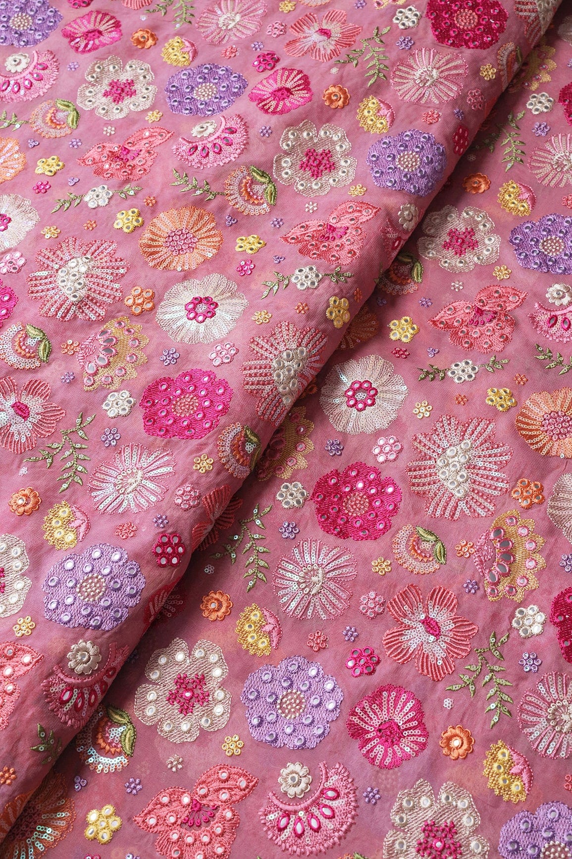 doeraa Embroidery Fabrics Exclusive Floral Designer Embroidery With Faux Mirror On Thulian Pink Viscose Georgette Fabric