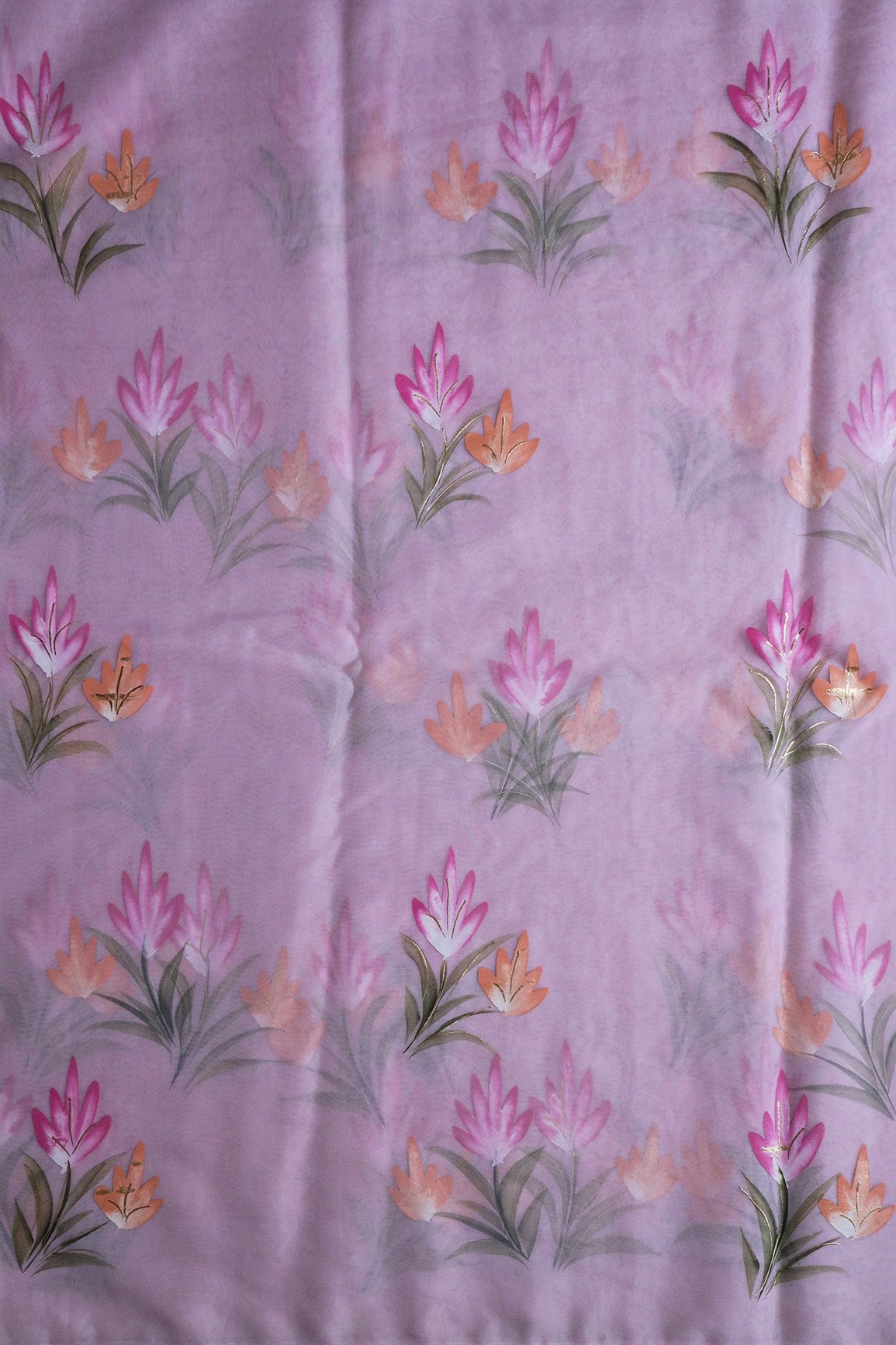 doeraa Embroidery Fabrics Floral Hand Painted With Foil Work On Light Lavender Organza Fabric