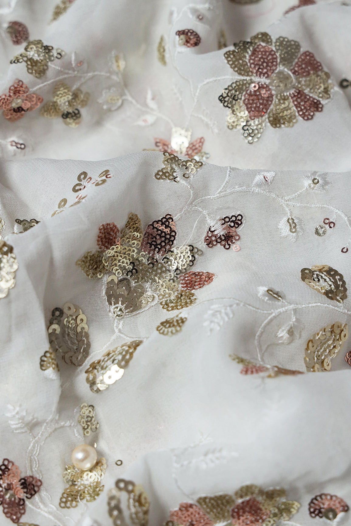 doeraa Embroidery Fabrics Gold And Copper Sequins With Thread Floral Embroidery On White Dyeable Viscose Georgette Fabric